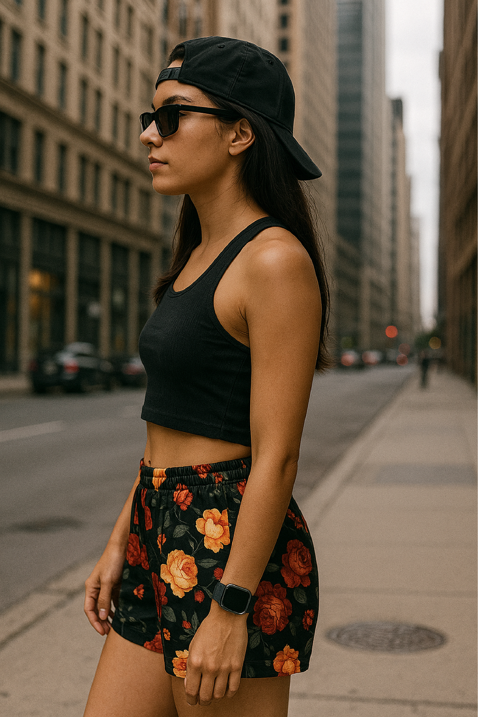 RF Wear Women&#39;s Floral Shorts - Black/Red/Peach - Model Side View