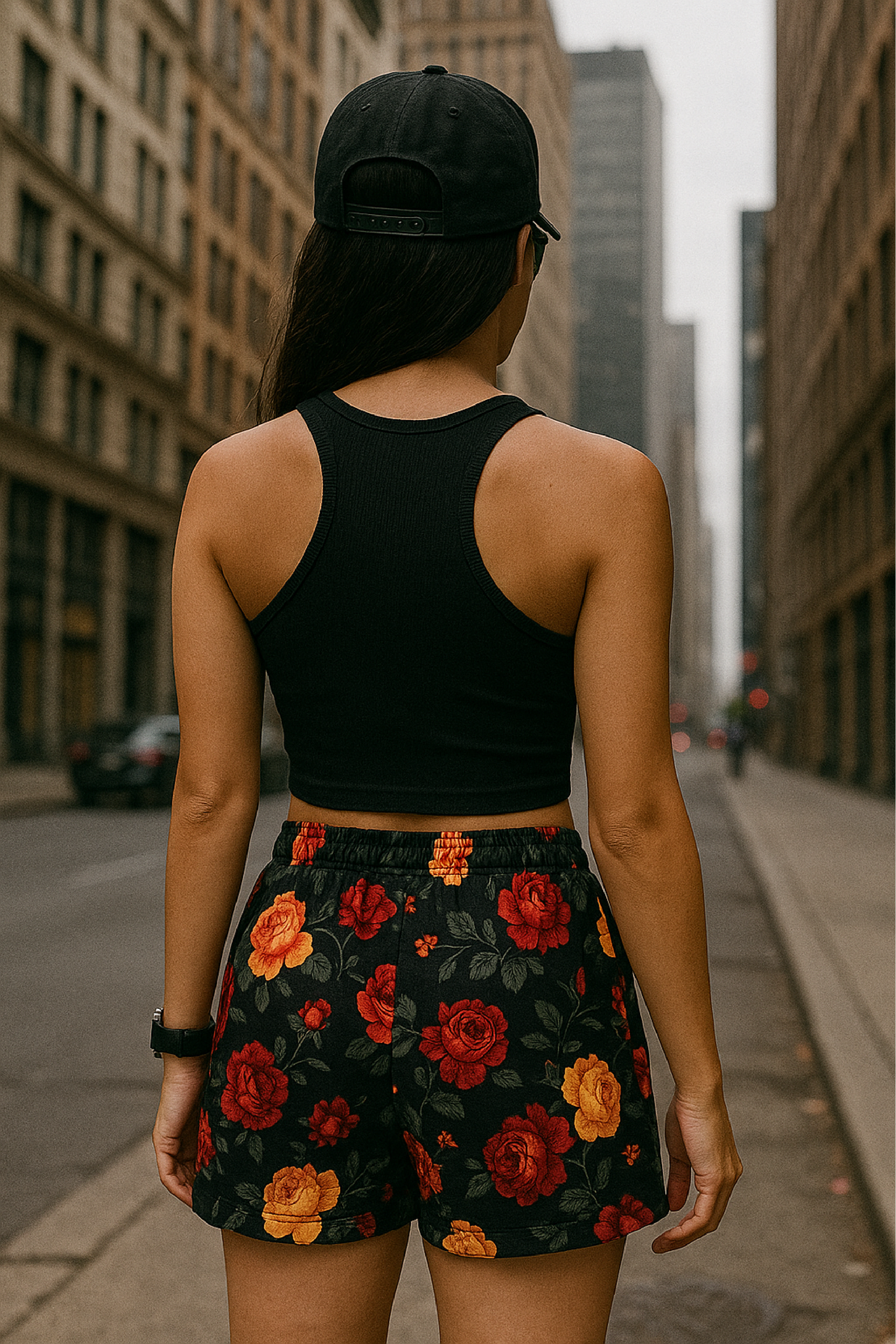 RF Wear Women&#39;s Floral Shorts - Black/Red/Peach - Model Back View