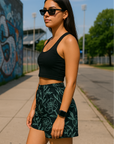 RF Wear Women's Floral Shorts - Black/Teal - Model Side View