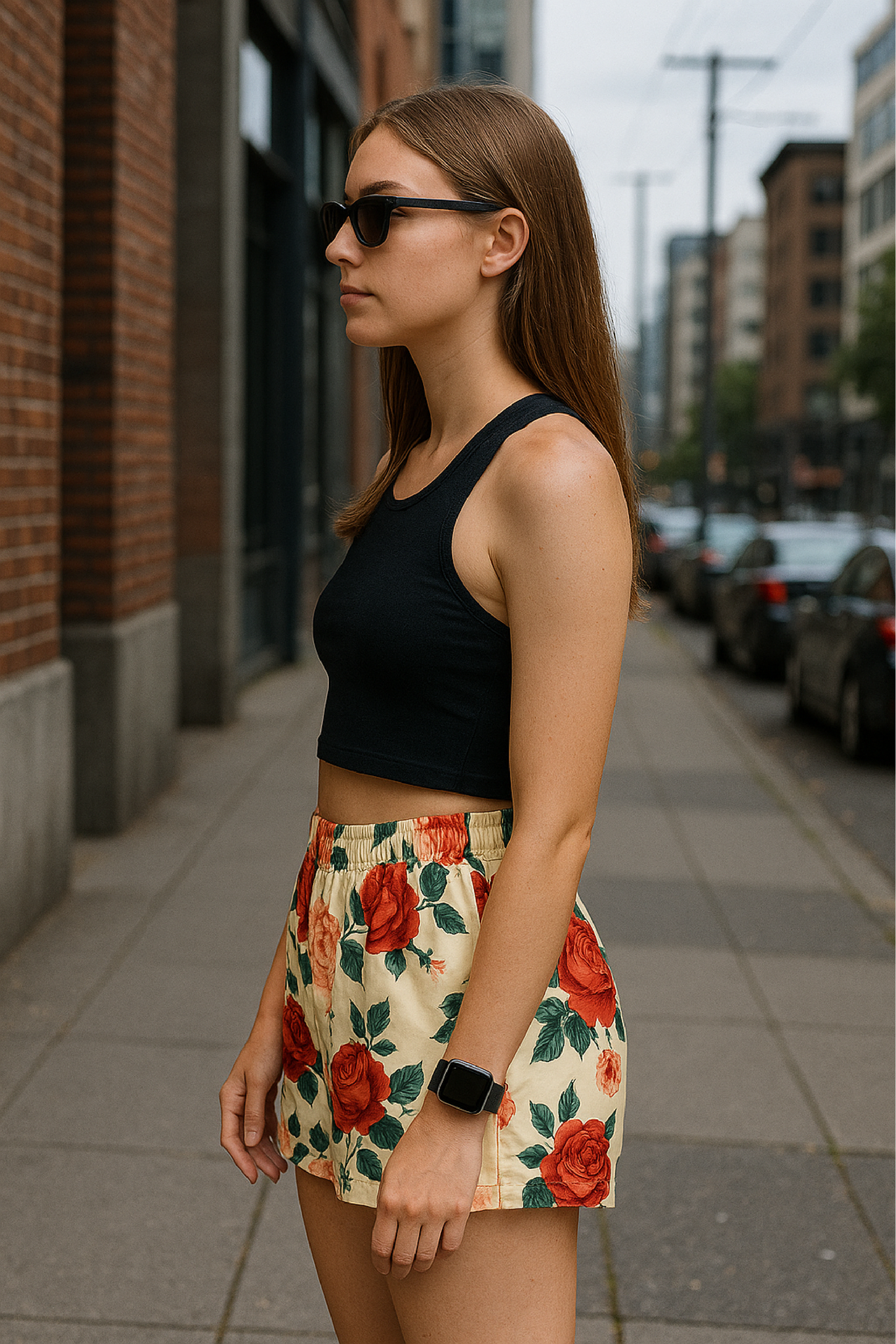 RF Wear Women&#39;s Floral Shorts - Cream/Red/Peach - Model Side View