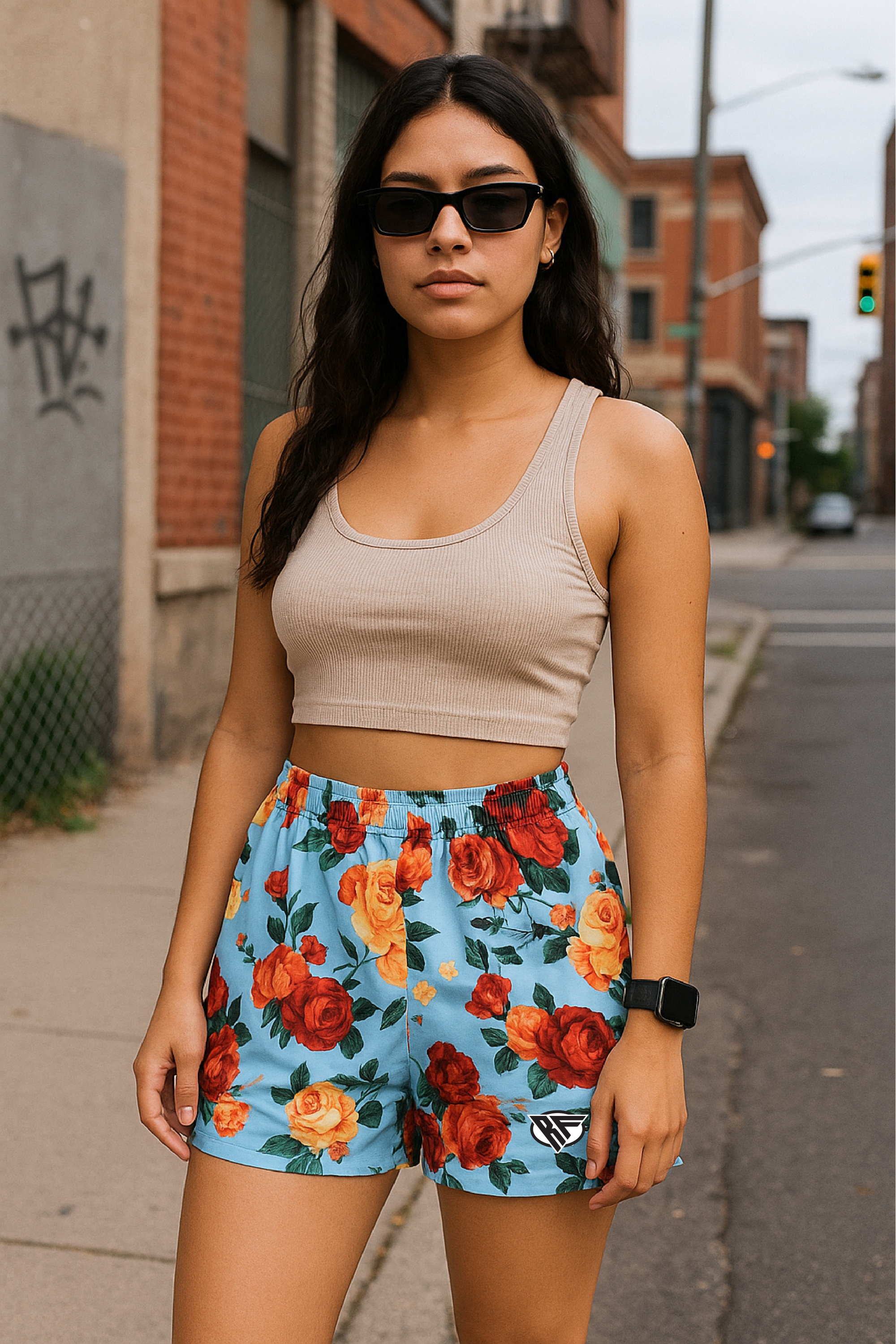 RF Wear Women's Floral Shorts - Sky Blue /Multi Color Flowers - Model Front View