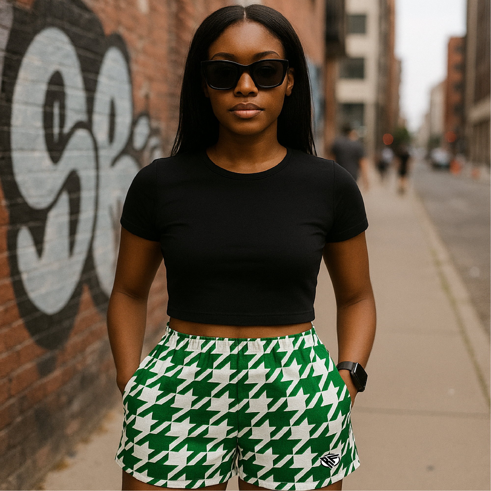 RF Wear Women's Houndstooth Pocket Shorts -  Green/White - Model Front View