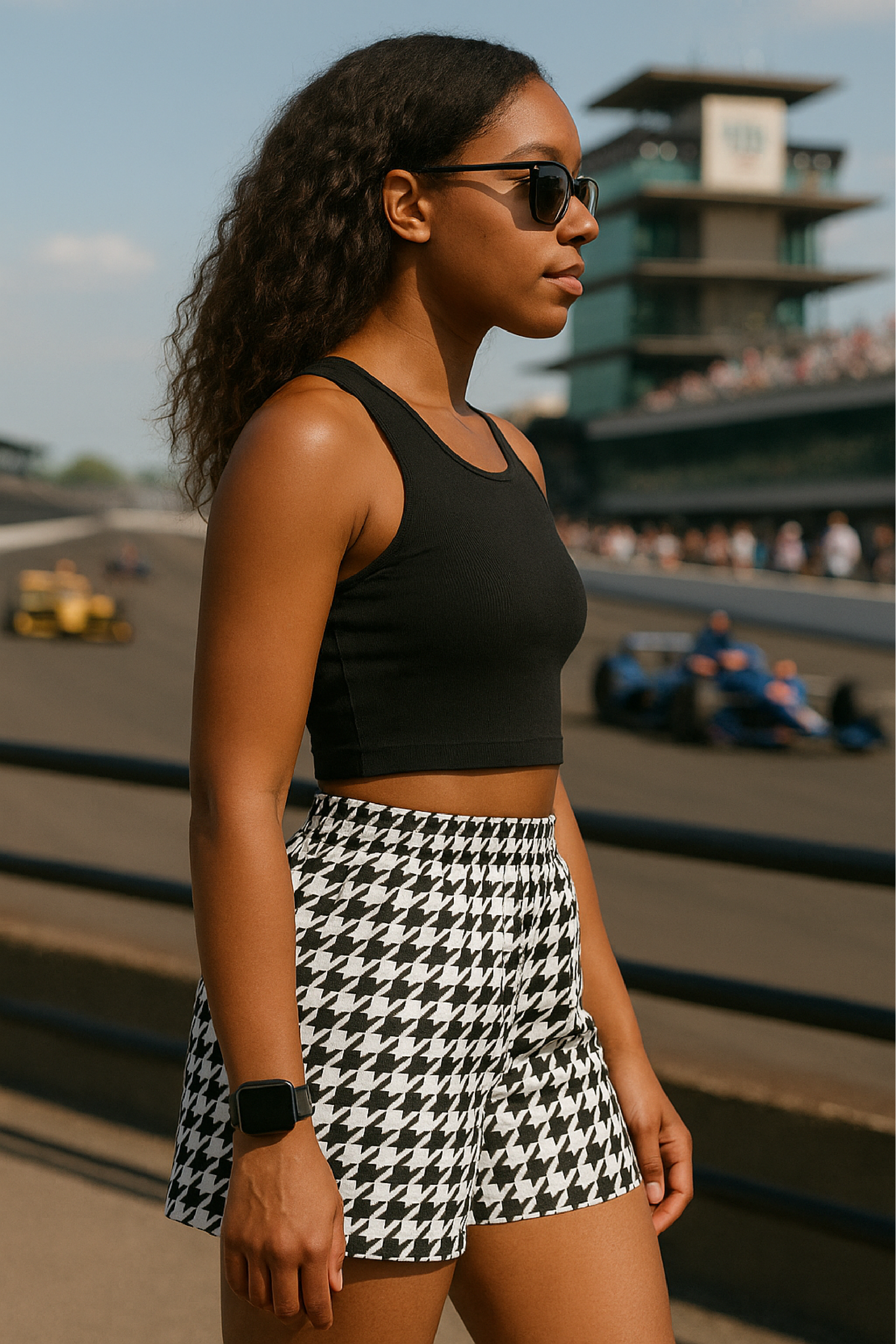 RF Wear Womrn's Houndstooth Shorts - Black/White - Model Side View