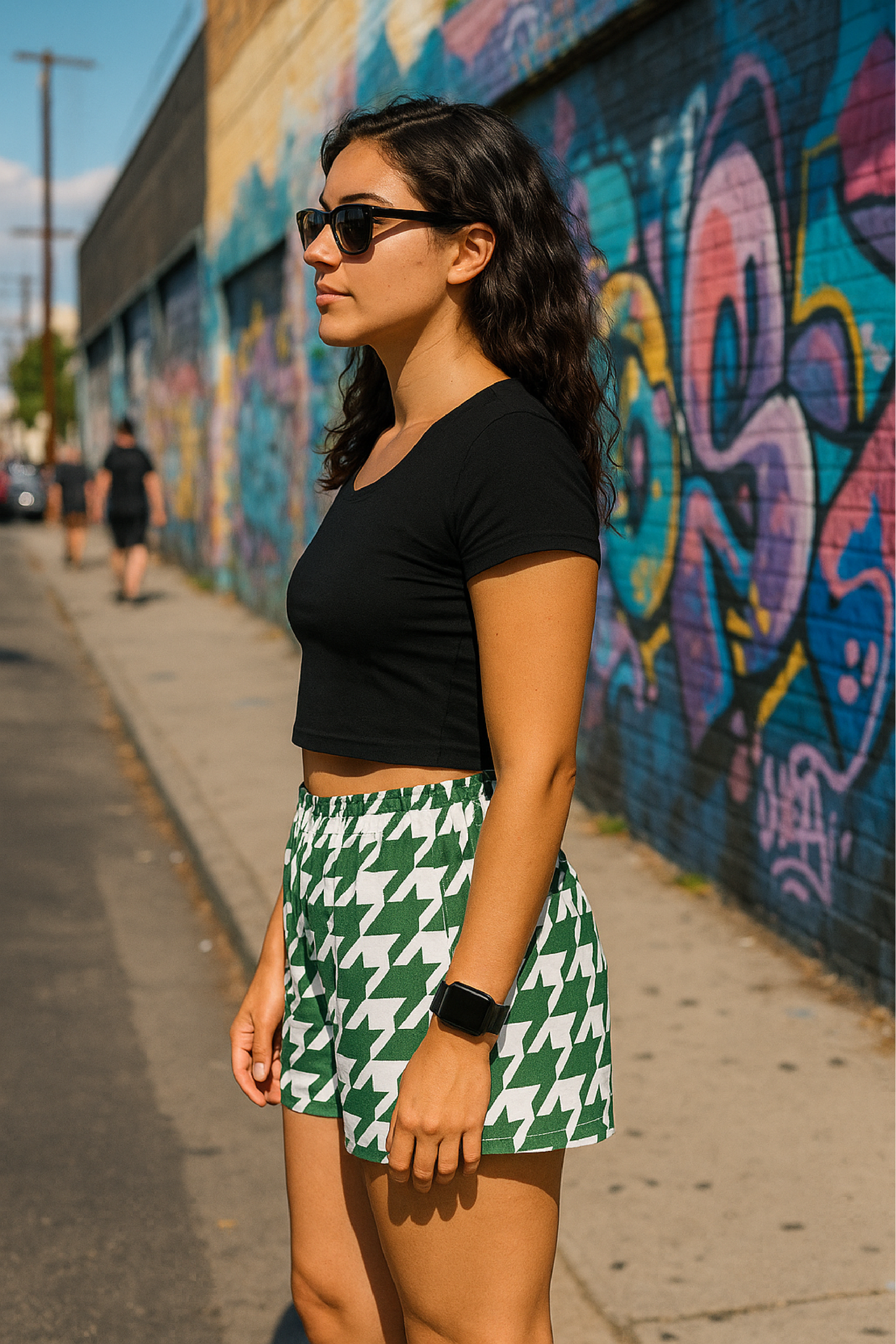 RF Wear Women's Houndstooth Shorts - Green/White - Model Side View