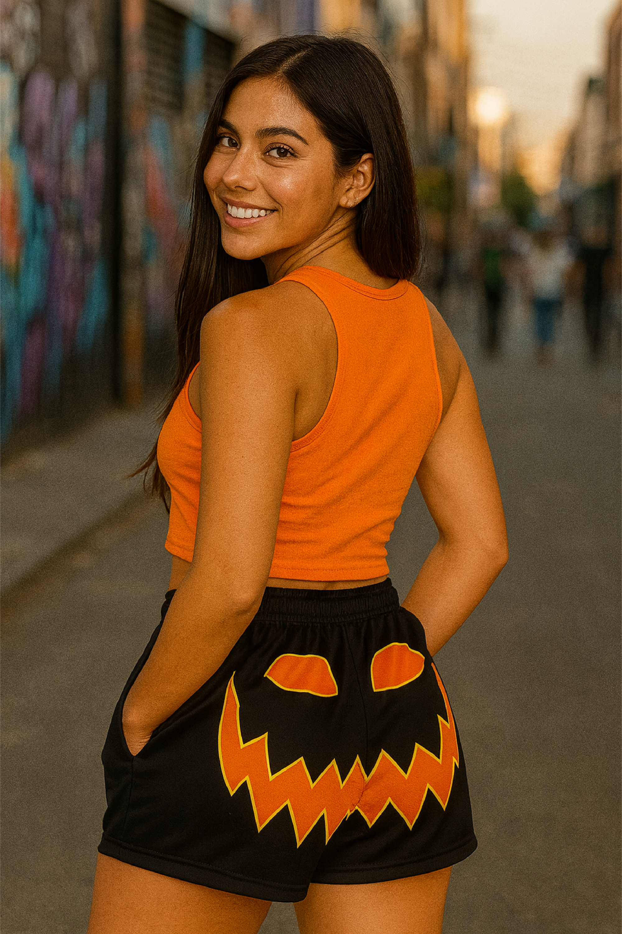 RF Women's Jack-O-Lantern Shorts - Black/Orange - Model Back View
