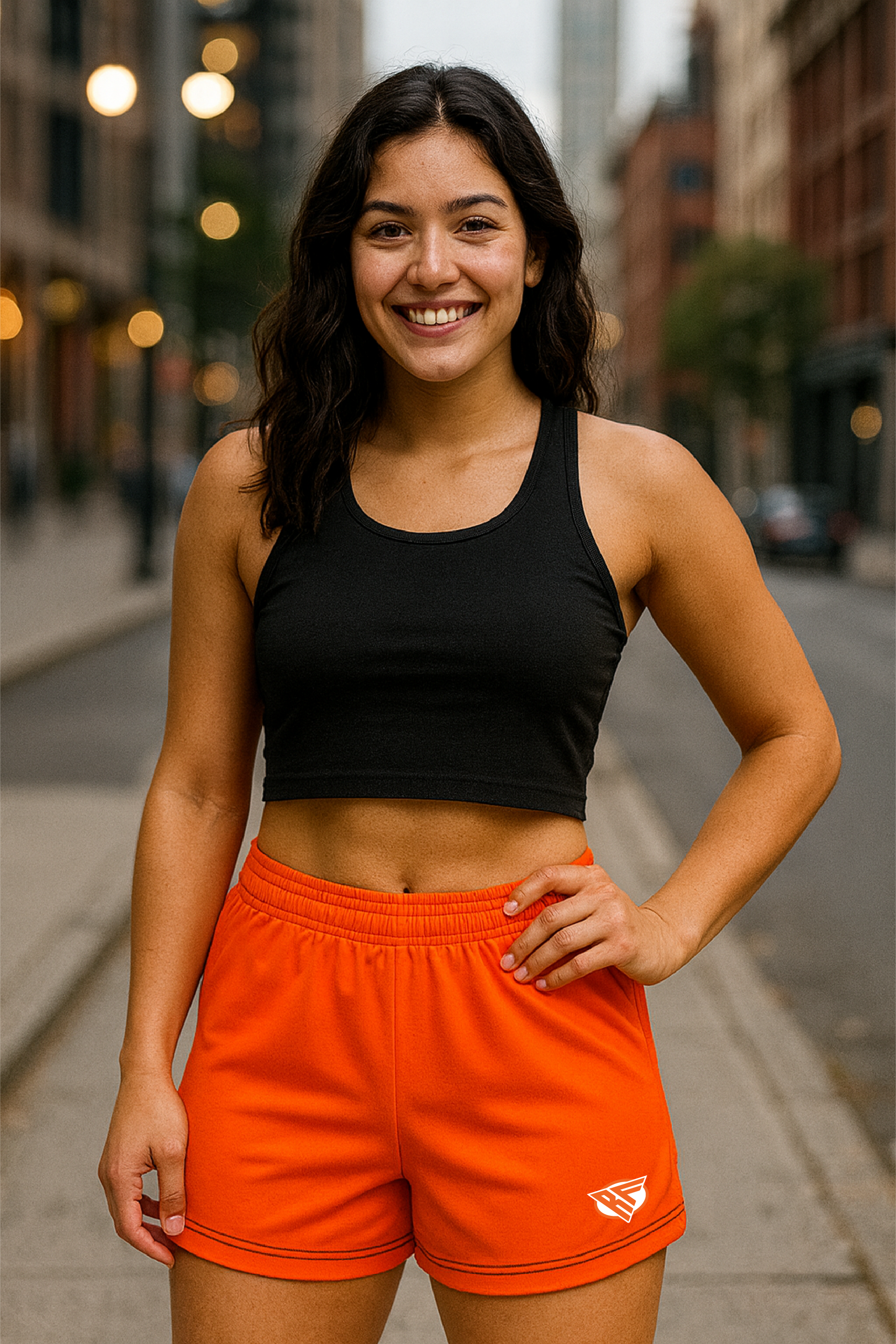 RF Wear Women's Jack-O-Lantern Shorts - Orange/Black - Model Front View