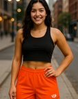 RF Wear Women's Jack-O-Lantern Shorts - Orange/Black - Model Front View