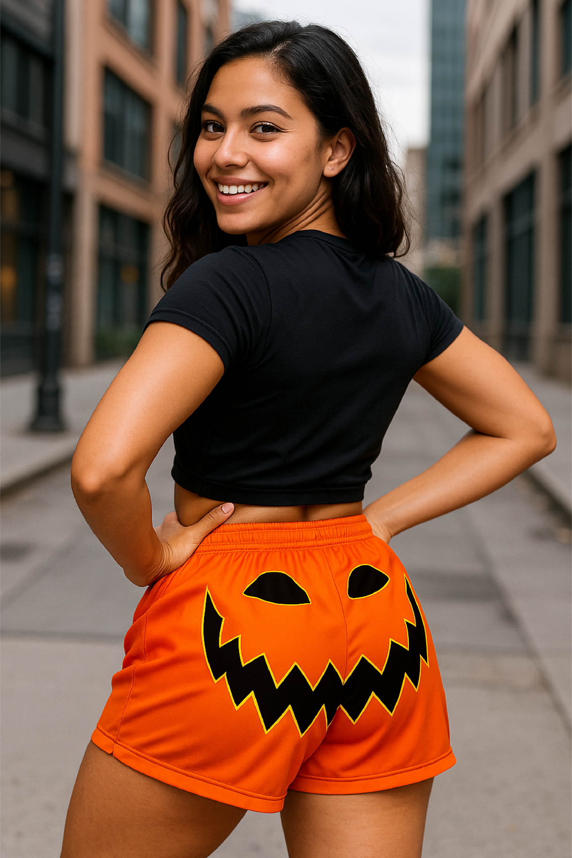 RF Wear Women's Jack-O-Lantern Shorts - Orange/Black - Model Back View