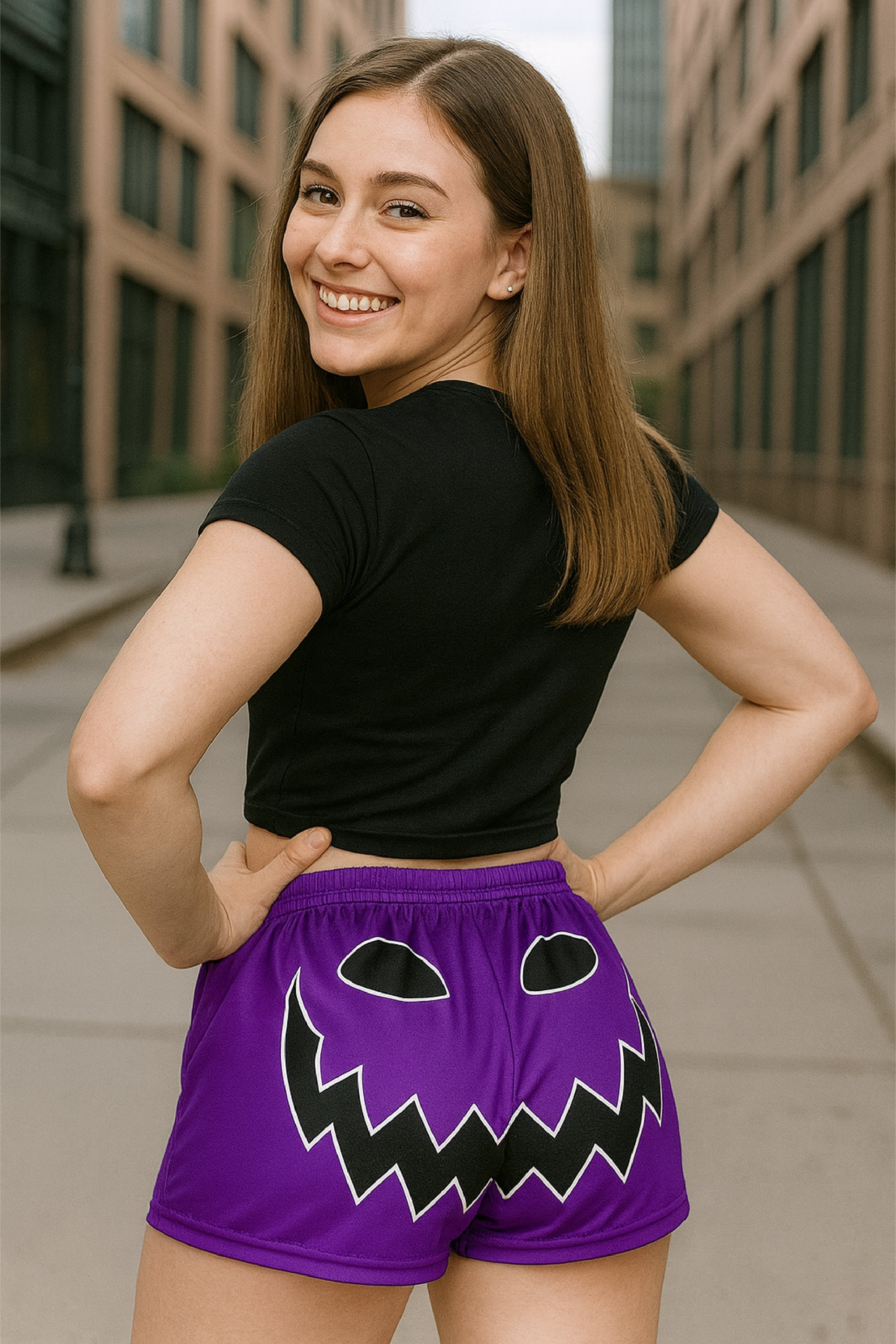 RF Wear Women's Jack-O-Lantern Shorts - Purple/Black -Model Back View