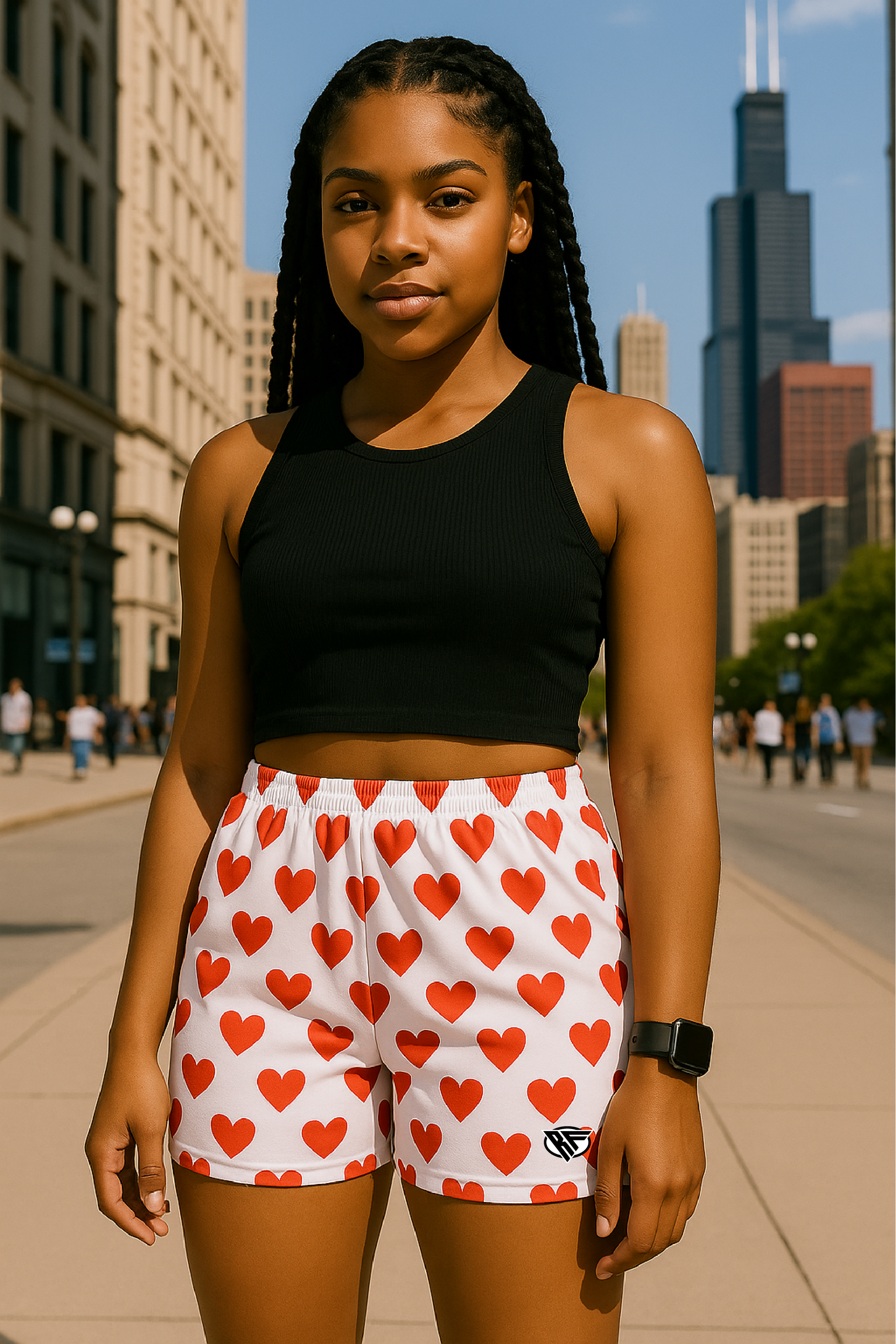 RF Wear Women&#39;s Mini Heart Shorts - White/Red - Model Front View