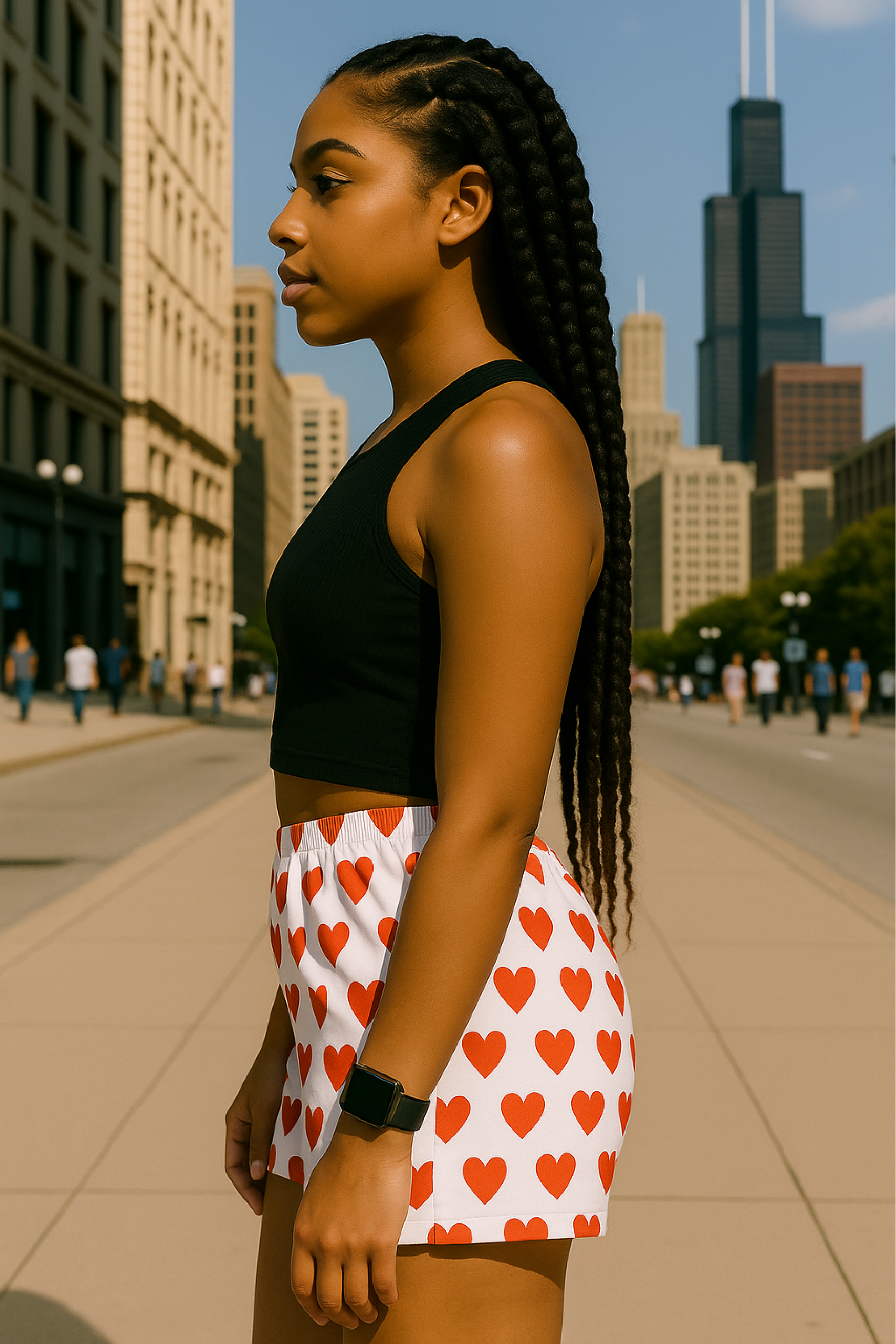 RF Wear Women&#39;s Mini Heart Shorts - White/Red - Model Side View