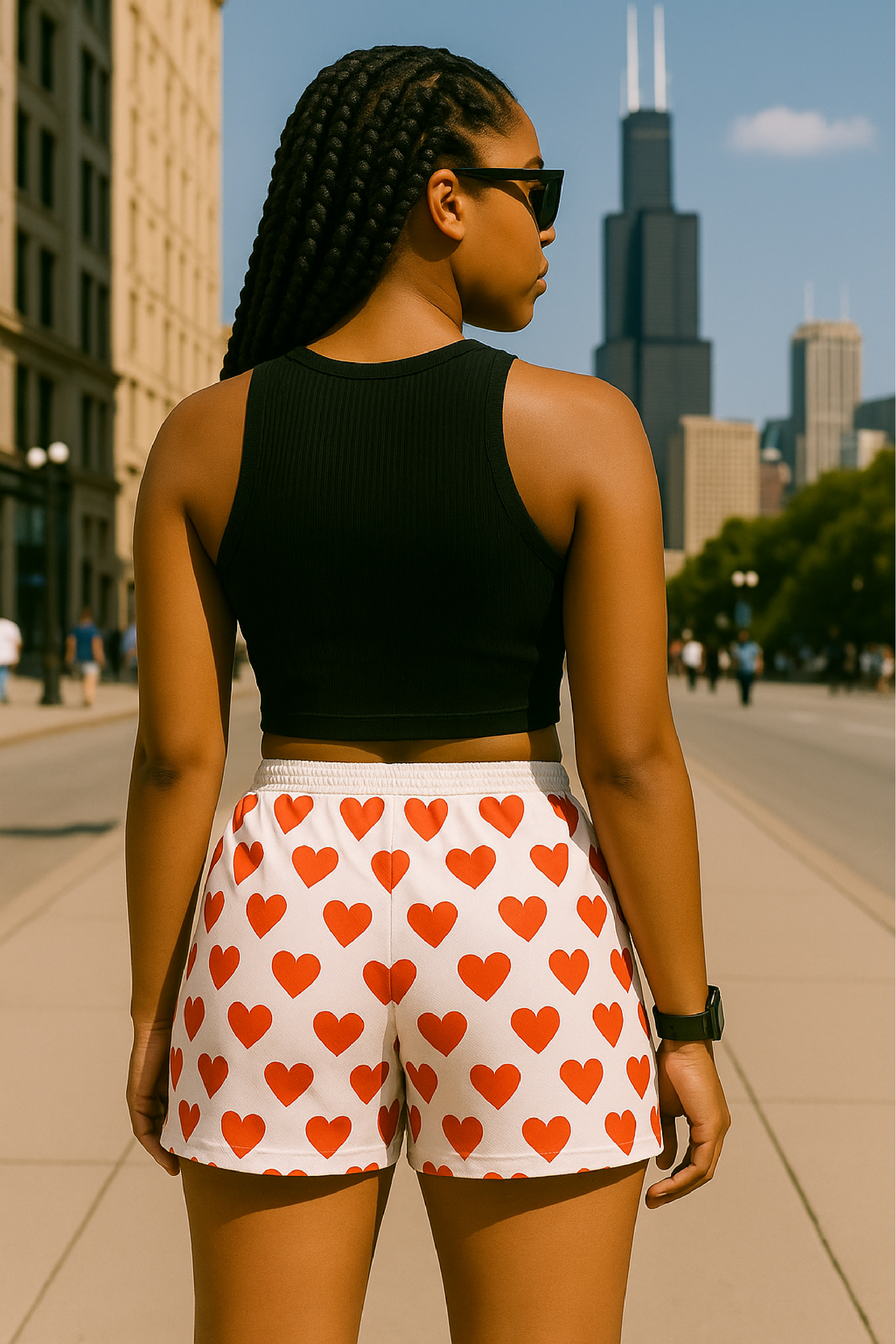 RF Wear Women&#39;s Mini Heart Shorts - White/Red - Model Back View