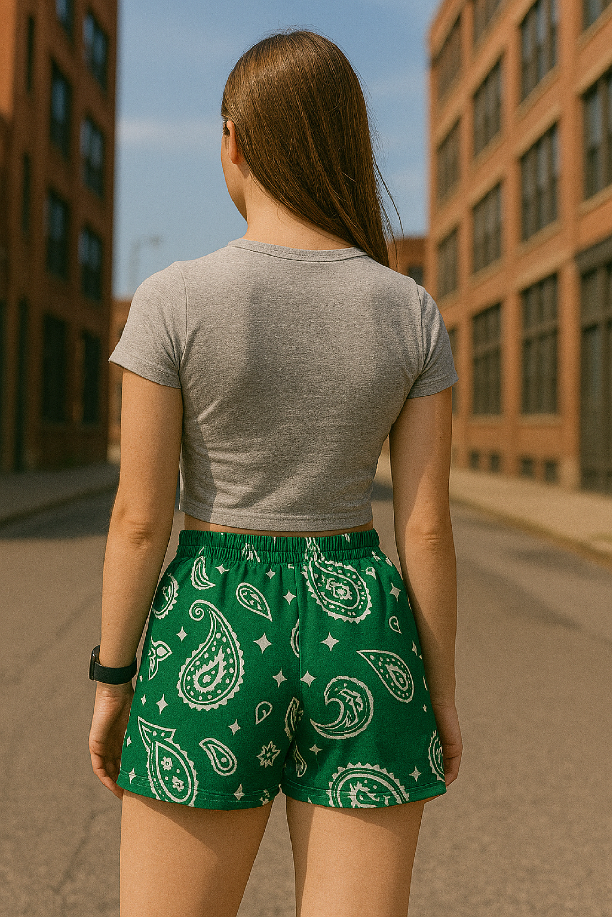 RF Wear Women's Paisley Shorts - Green/White - Model Back View