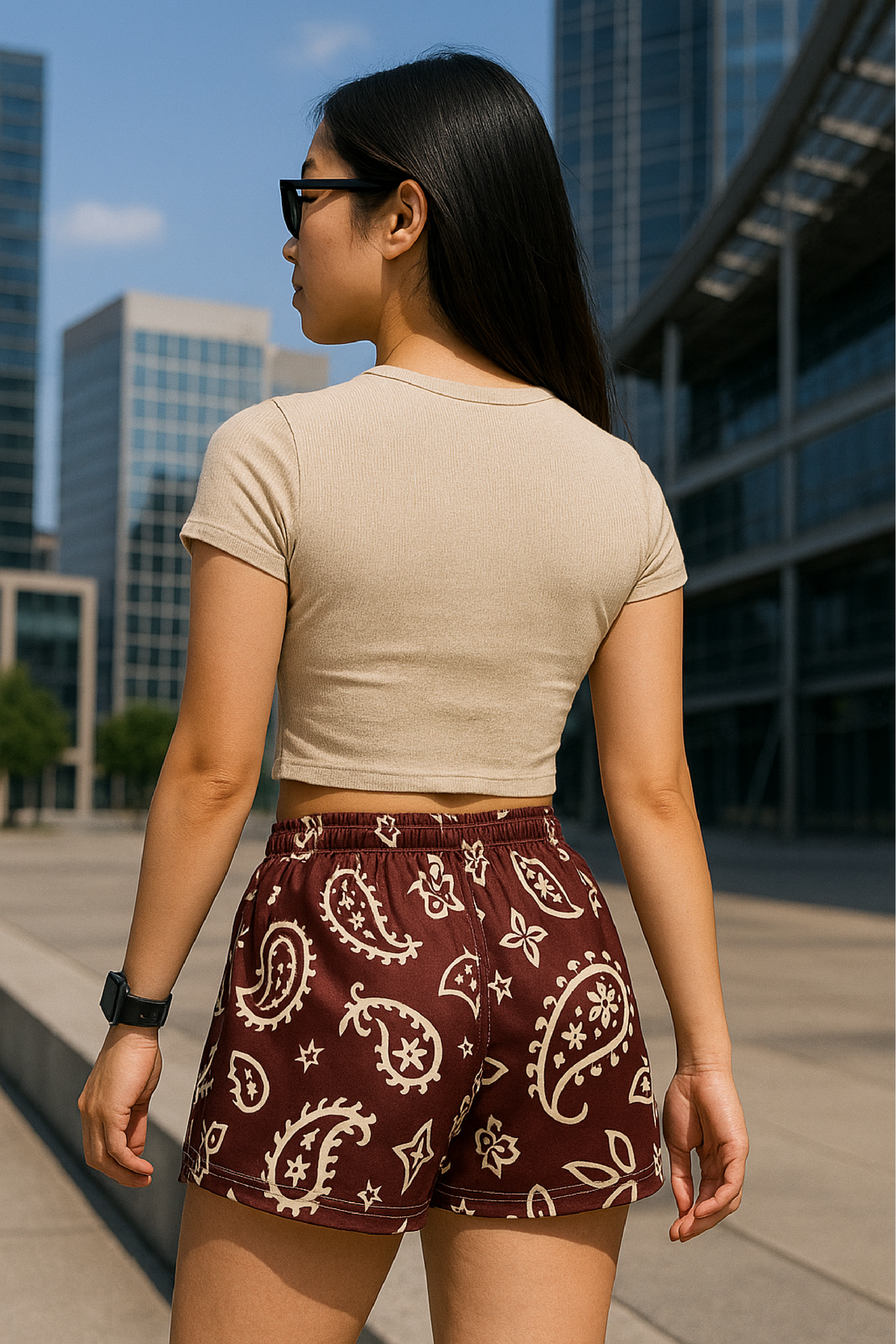 RF Wear Women's Paisley Shorts - Merlot/Cream - Model Back View