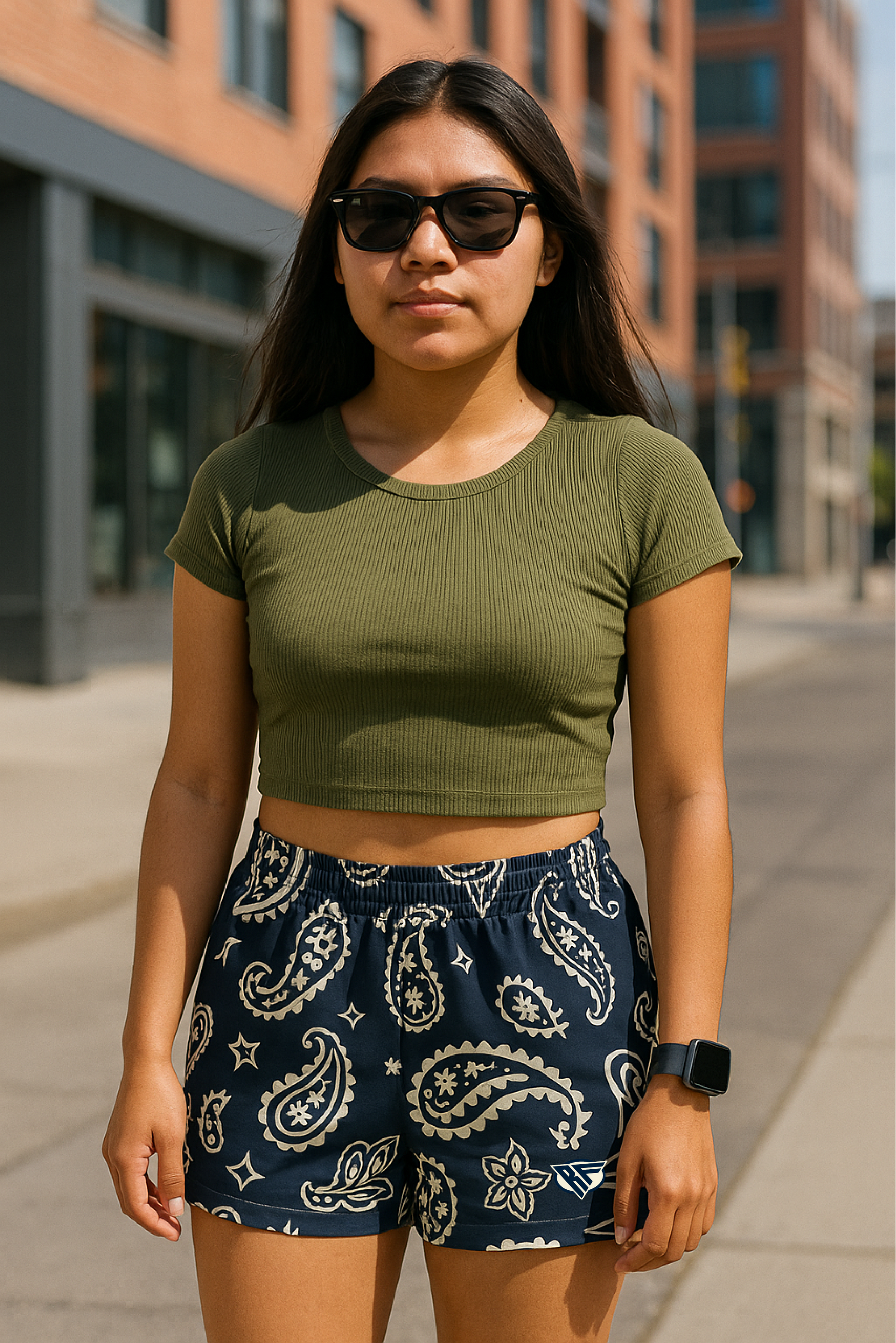 RF Wear Women's Paisley Shorts - Navy/Cream - Model Front View