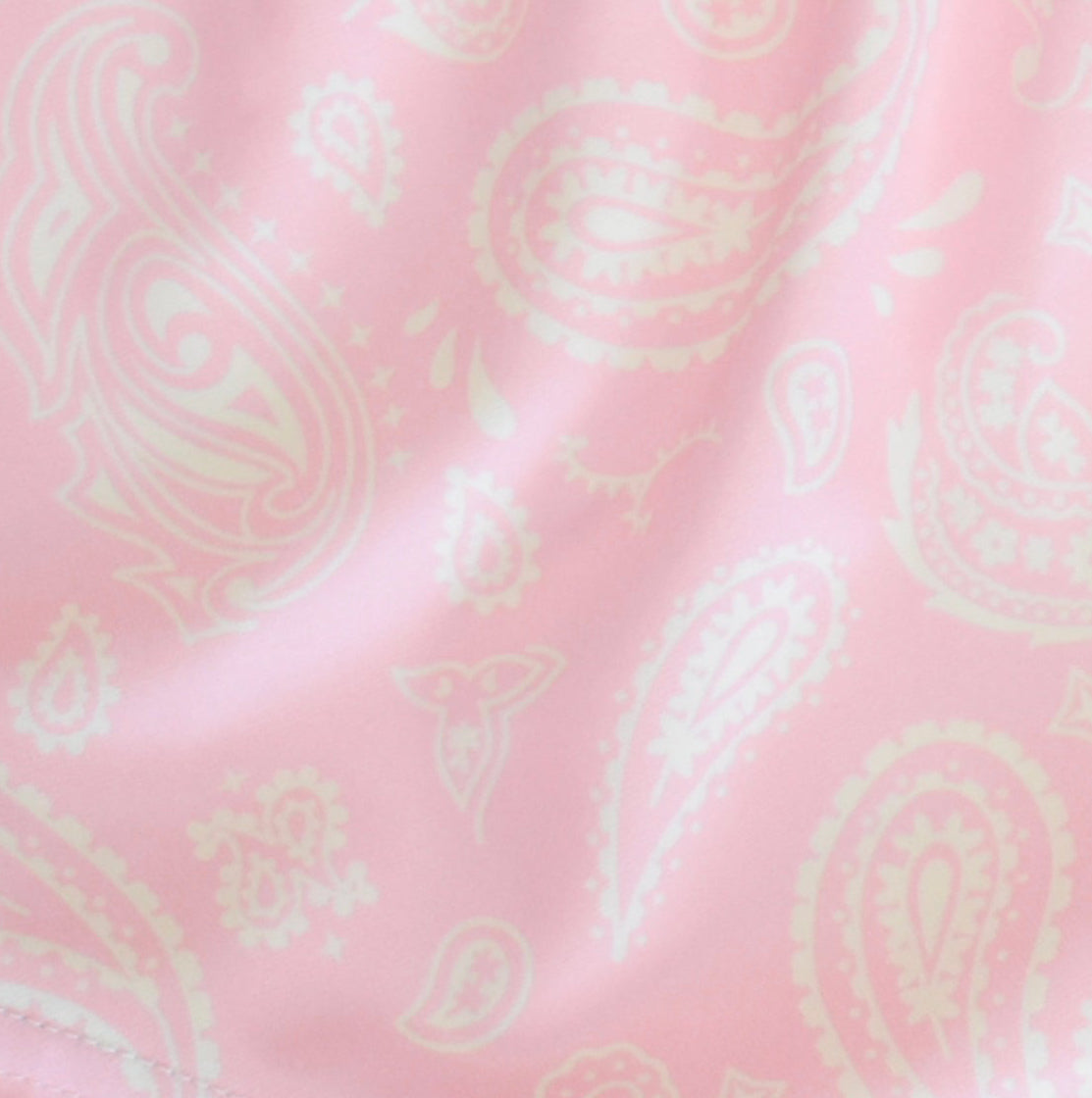 Close-up of RF-Wear women's paisley shorts in pink/cream