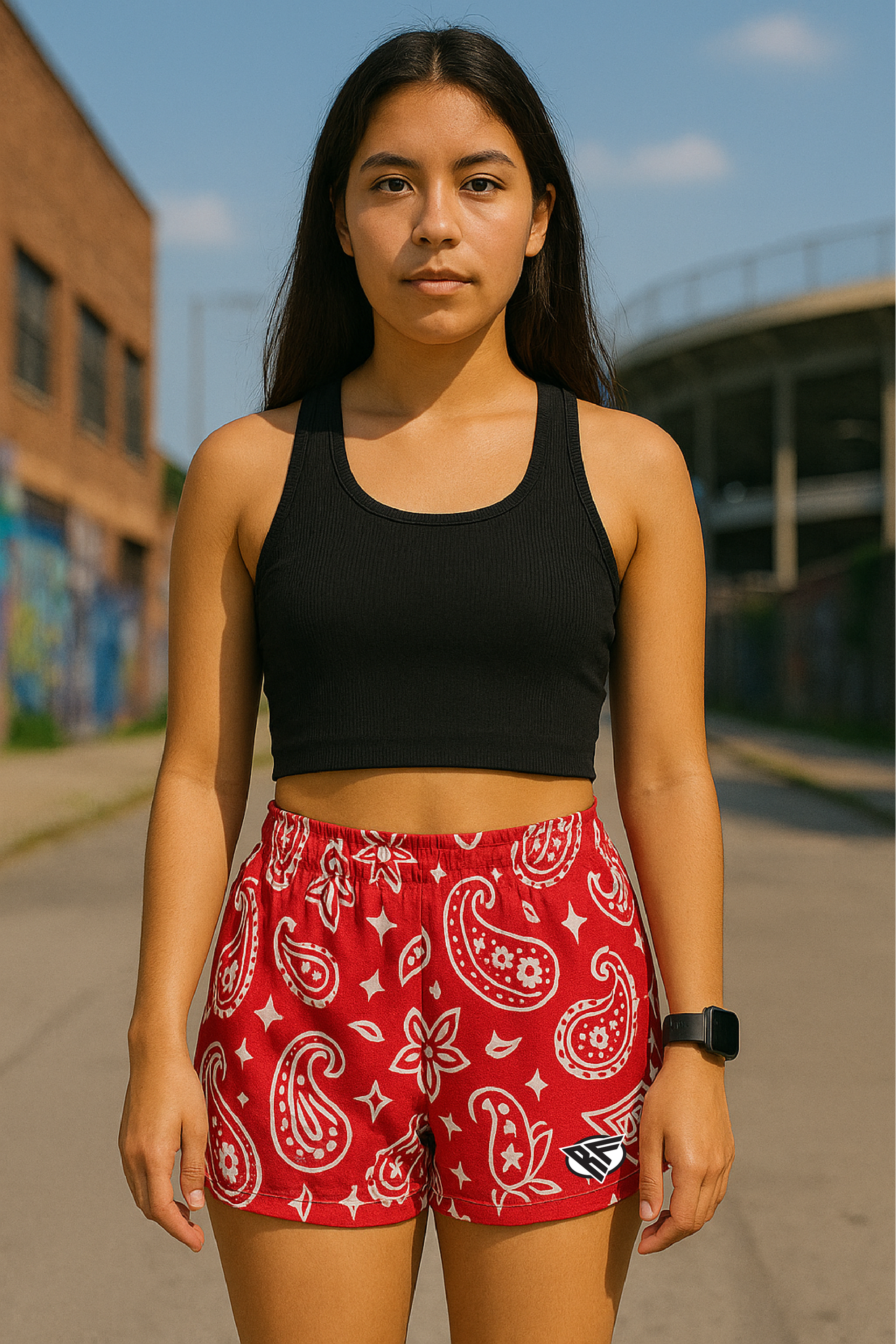 RF Wear Women's Paisley Shorts - Red/White - Model Front View