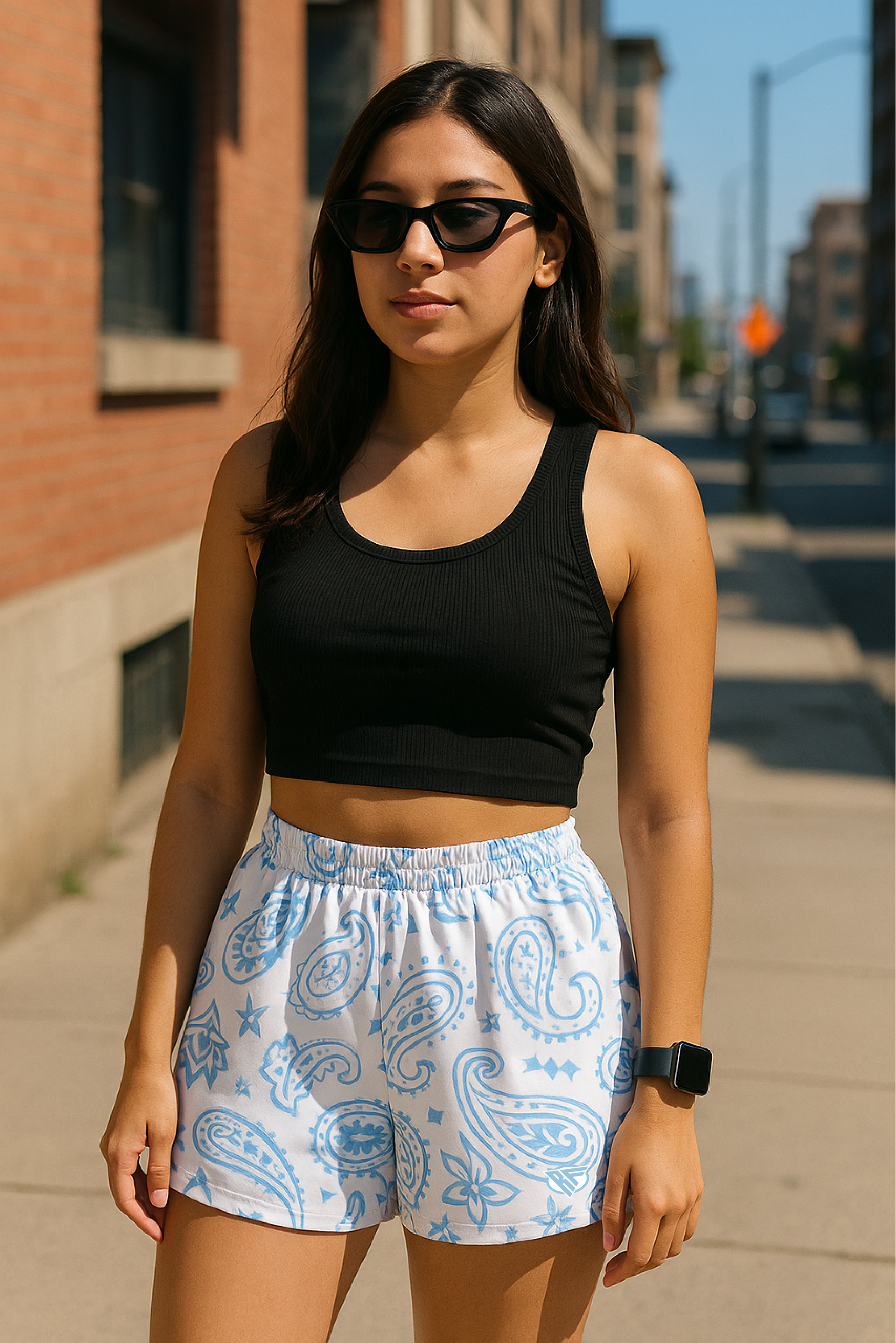 RF Wear Women's Paisley Shorts - White/Baby Blue - Model Front View