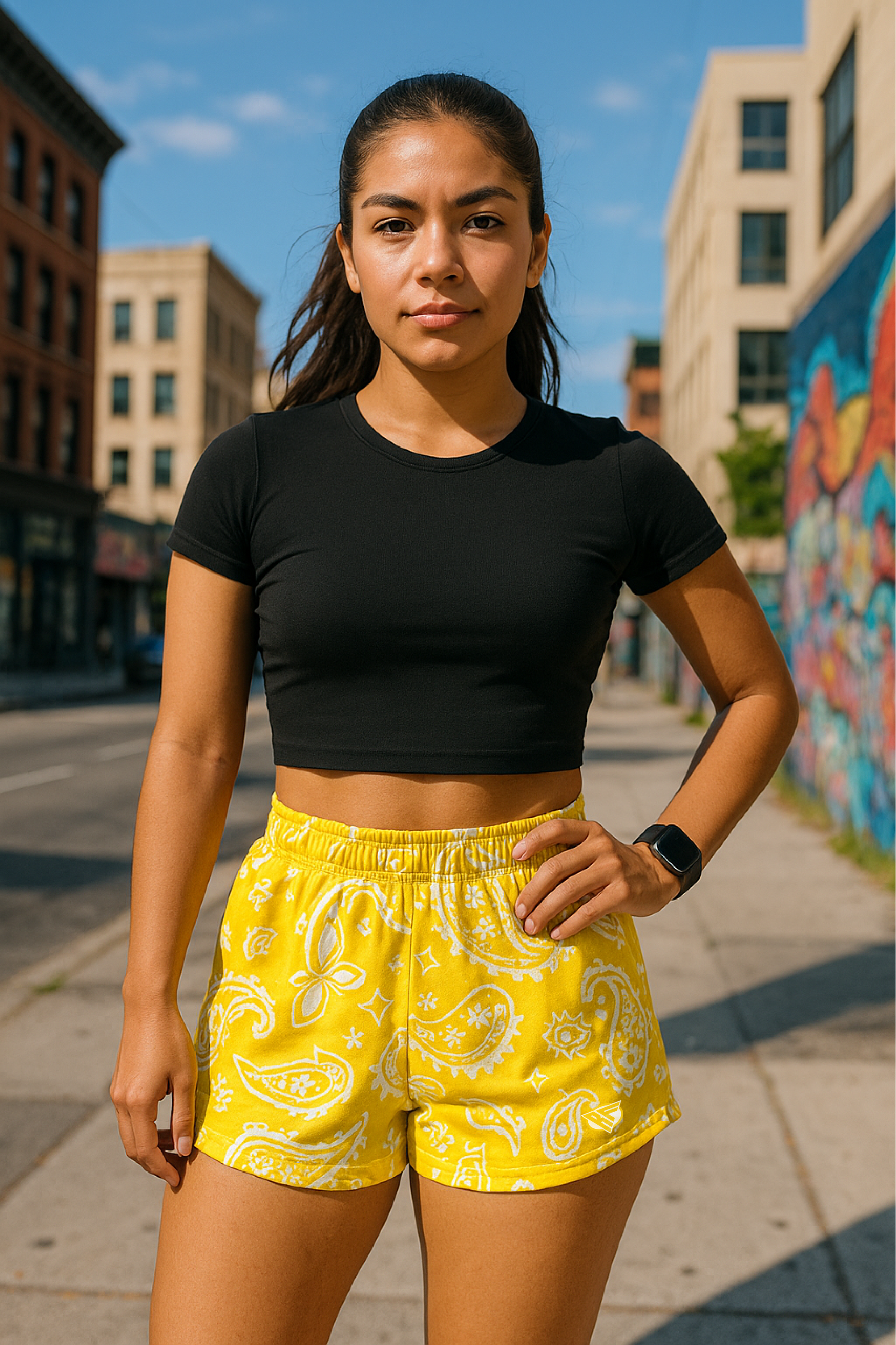 RF Wear Women's Paisley Shorts - Yellow/White - Model Front View