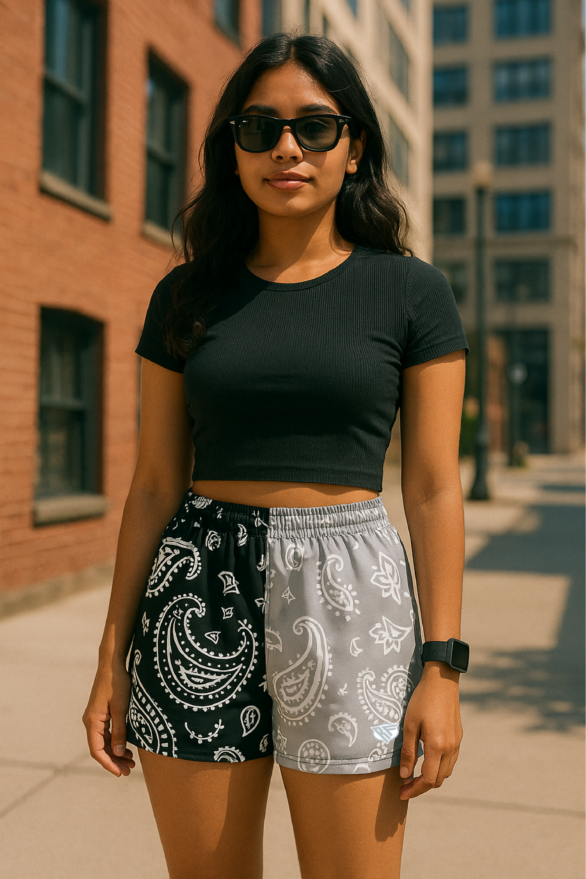RF Wear Women's Split Paisley Shorts - Black/Silver/White - Model Front View