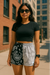 RF Wear Women's Split Paisley Shorts - Black/Silver/White - Model Front View