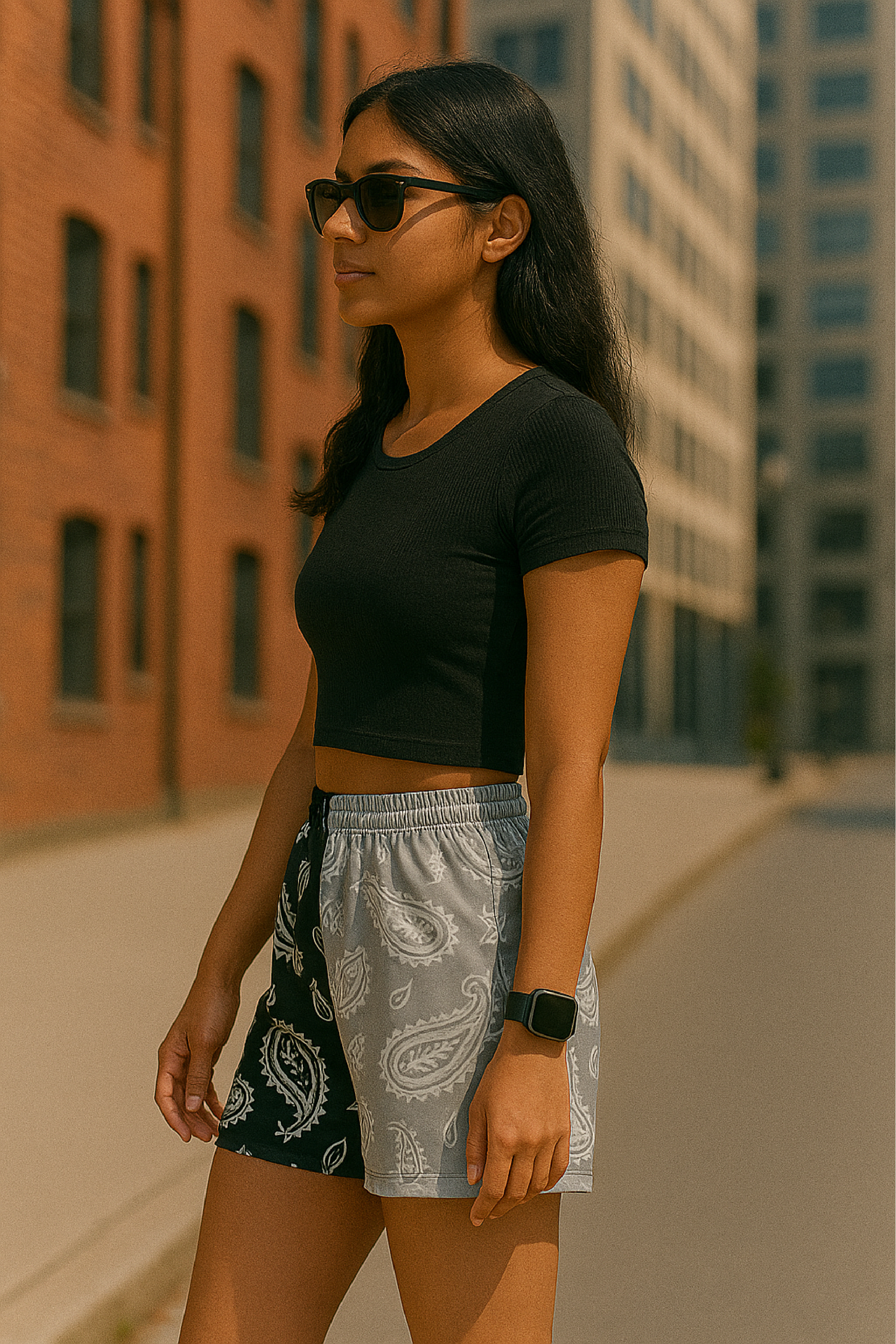 RF Wear Women's Split Paisley Shorts - Black/Silver/White - Model Side View