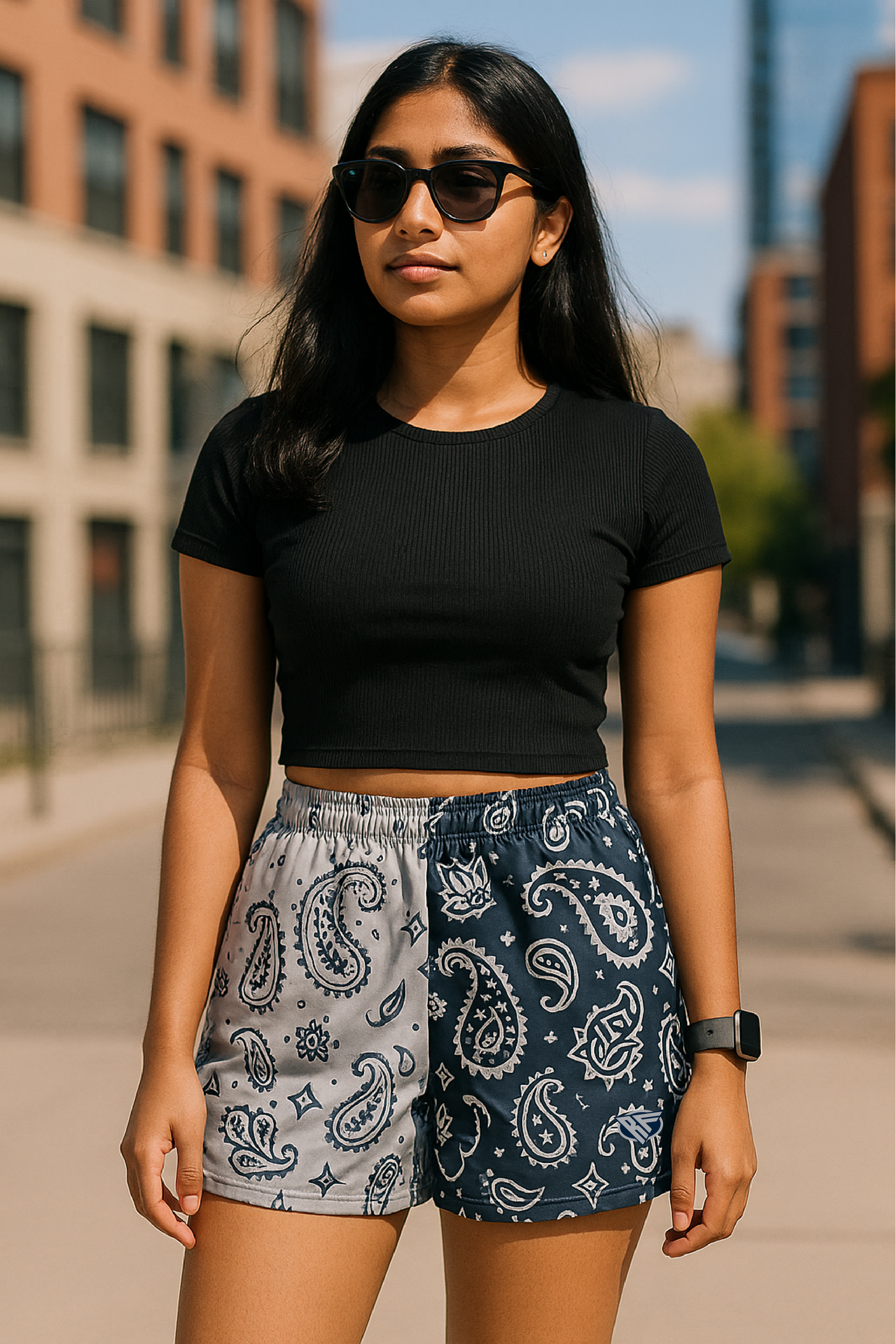 RF Wear Women's Split Paisley Shorts - Navy/Silver - Model Front View