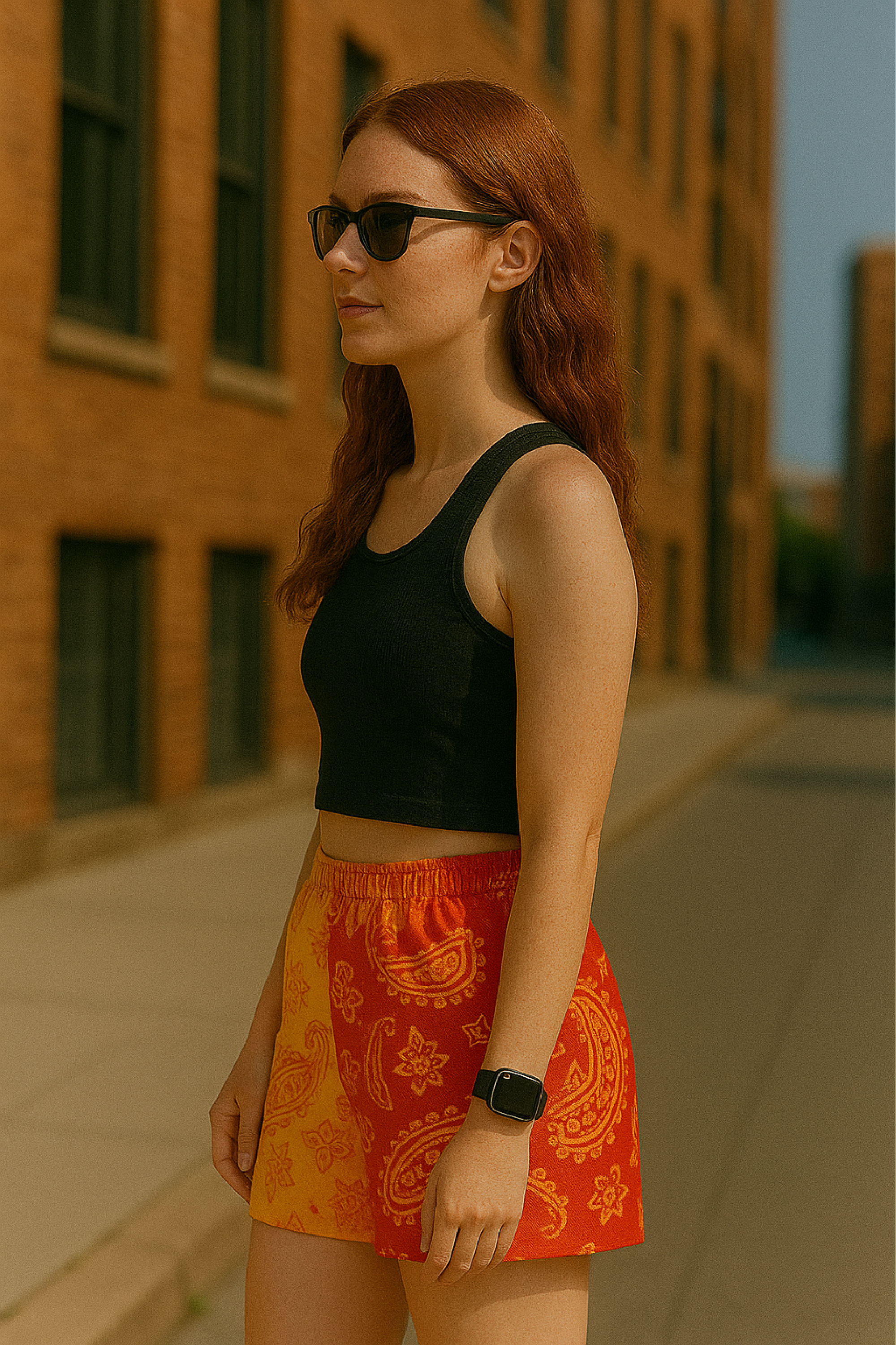 RF Wear Women's Split Paisley Shorts - Red/Gold - Model Side View