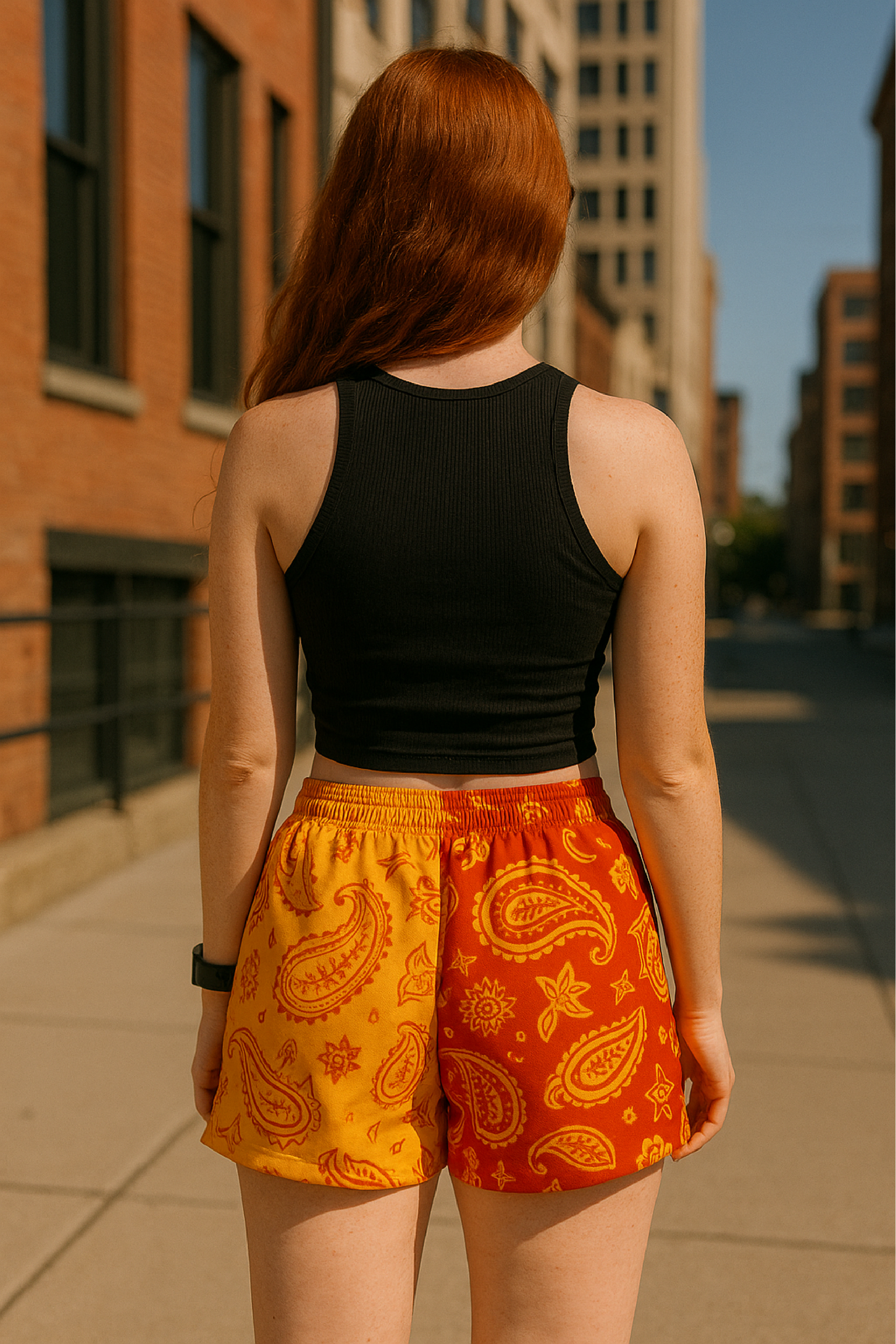 RF Wear Women's Split Paisley Shorts - Red/Gold - Model Back View