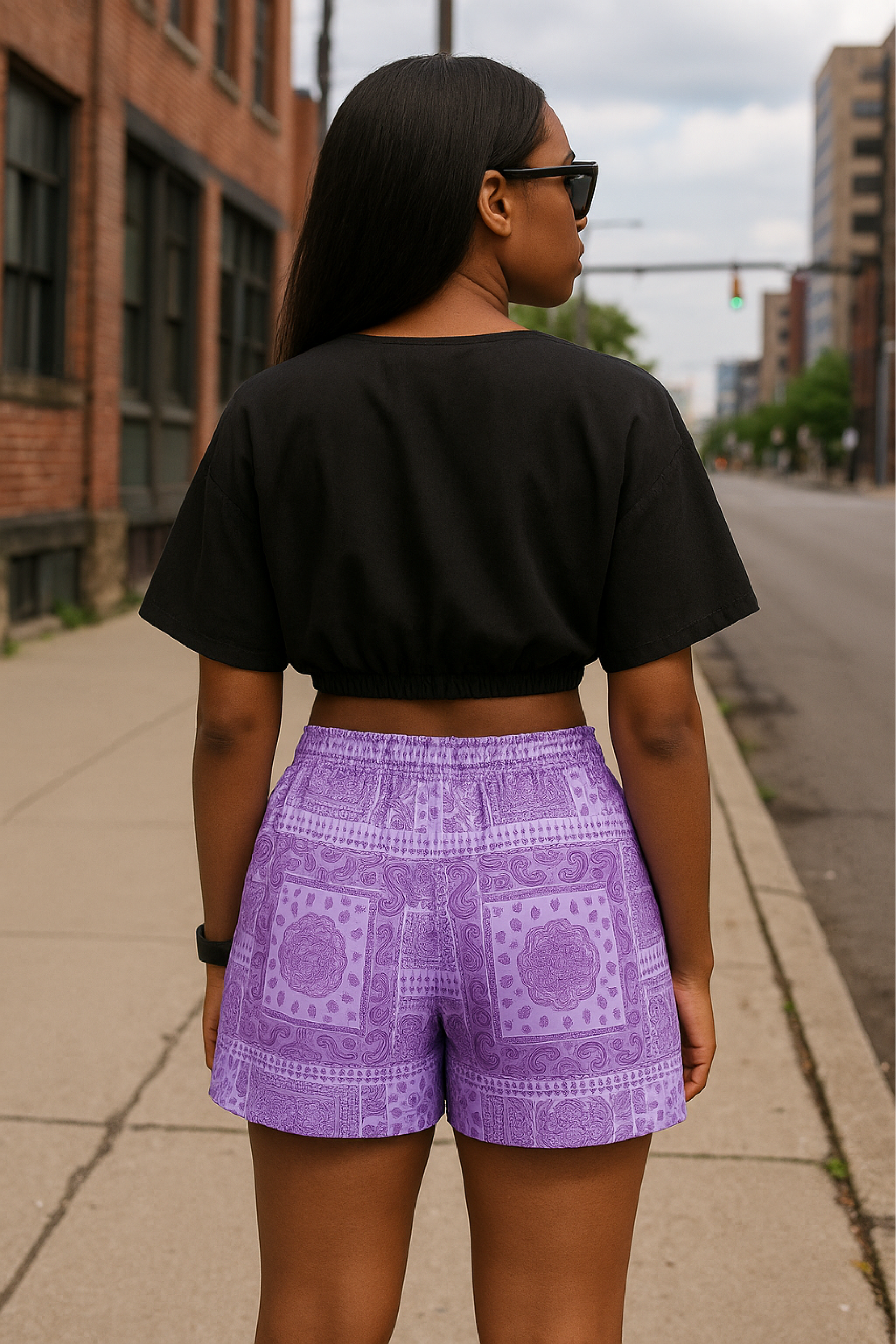 RF Wear Women&#39;s Bandana Patchwork Pocket Shorts -  Purple - Model Back View