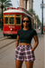 RF Wear Women's Tartan Plaid Pocket Shorts  Black/Pink - Model Front View