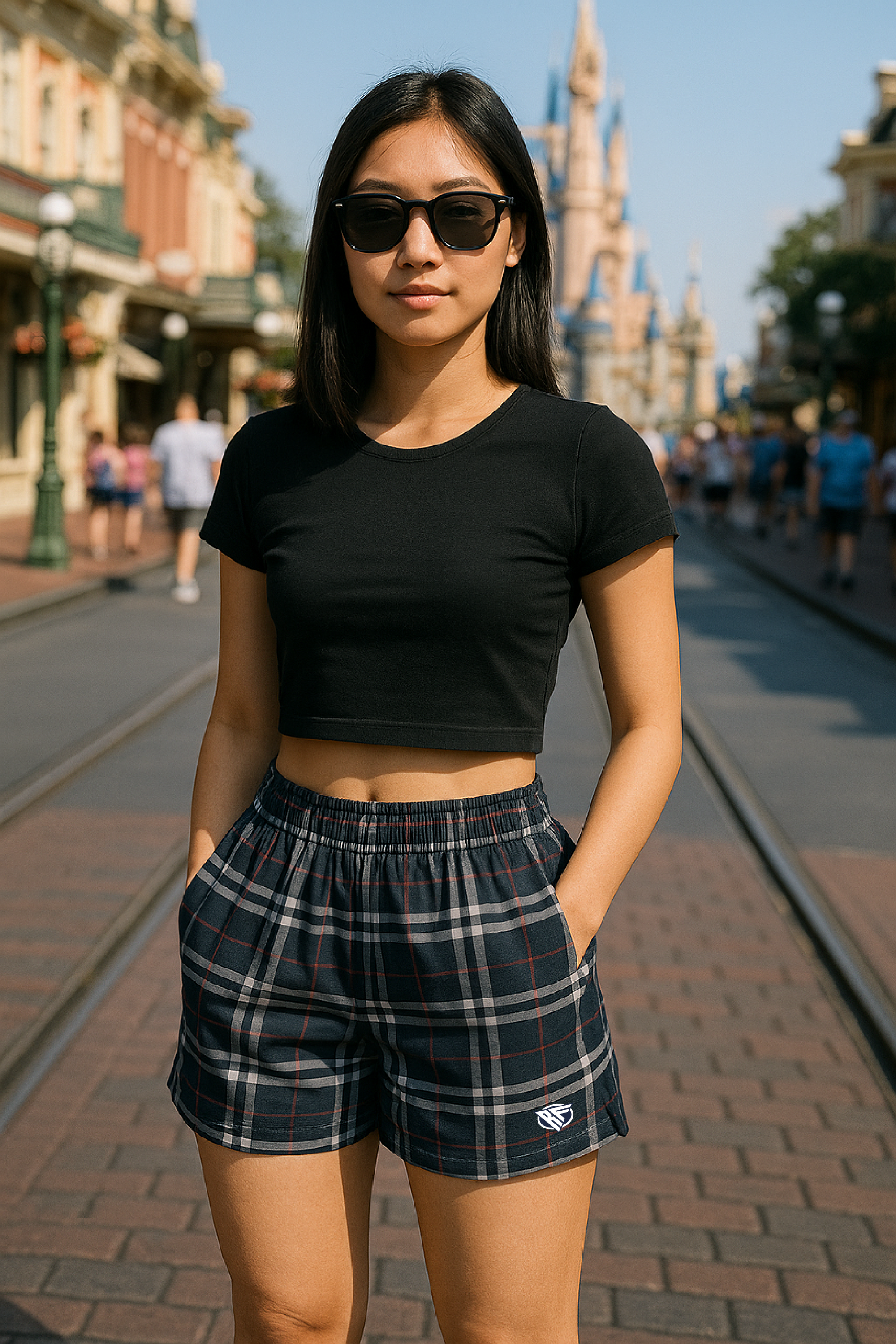RF Wear Women's Tartan Plaid Pocket Shorts Navy/White - Model Front View