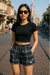 RF Wear Women's Tartan Plaid Pocket Shorts Navy/White - Model Front View