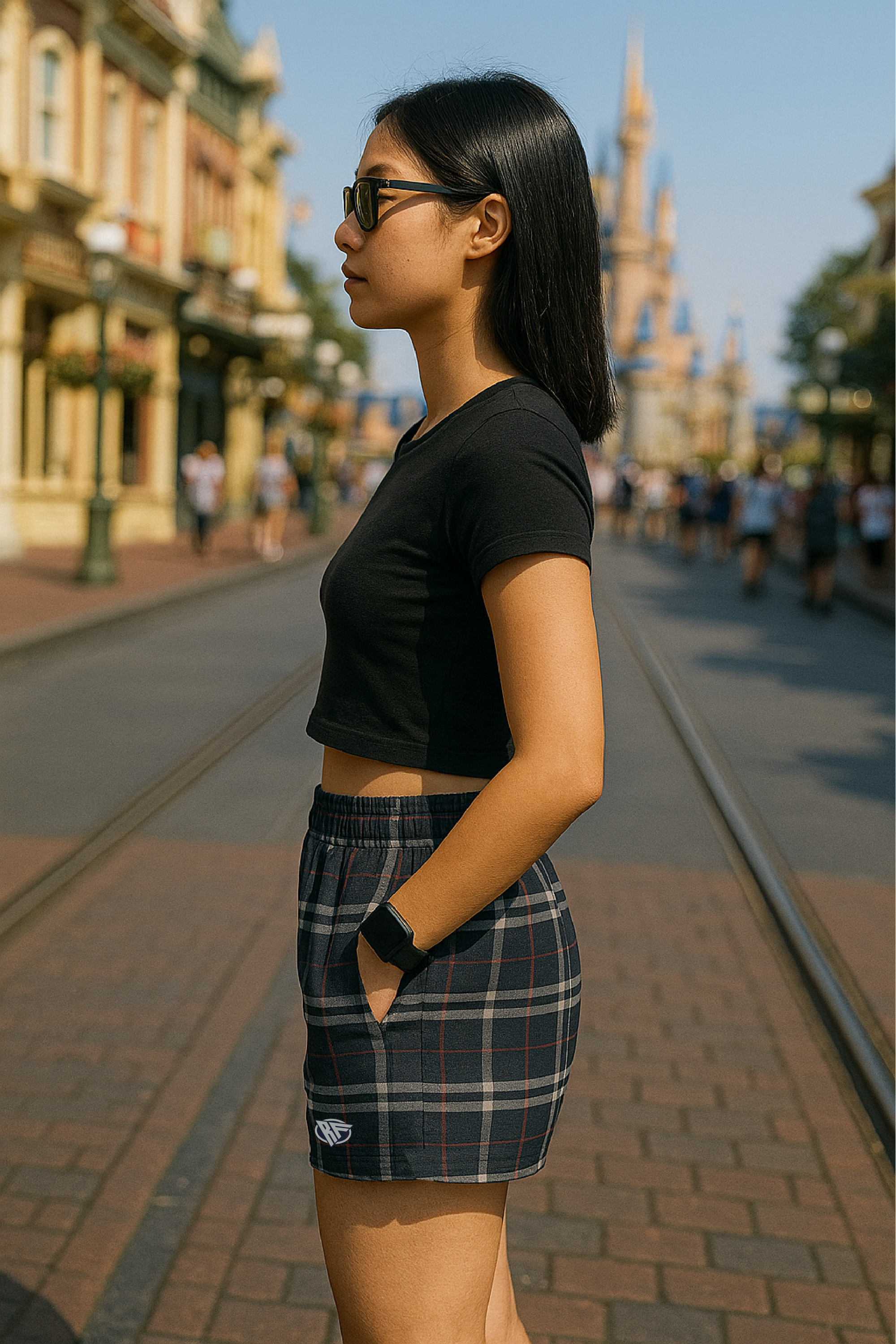 RF Wear Women's Tartan Plaid Pocket Shorts Navy/White - Model Side View