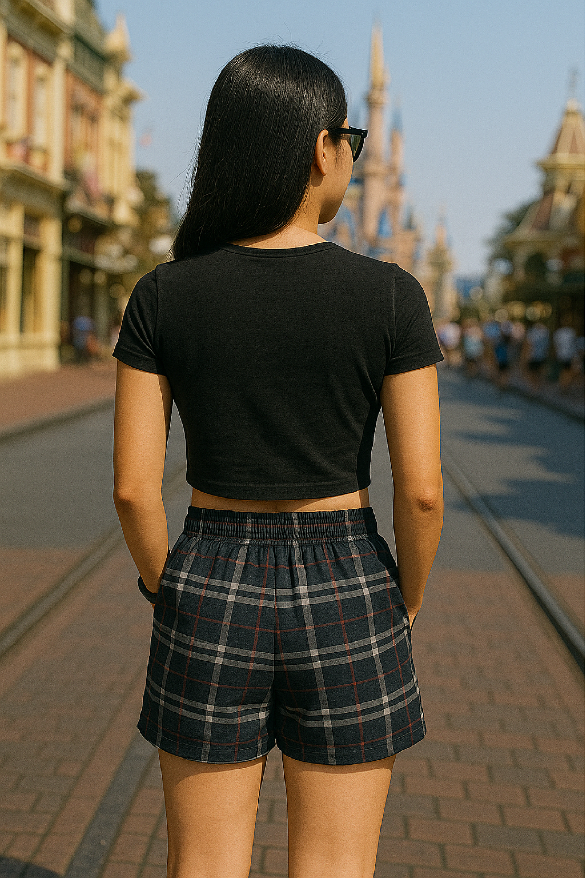 RF Wear Women's Tartan Plaid Pocket Shorts Navy/White - Model Back View