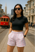 RF Wear Women's Tartan Plaid Pocket Shorts  White/Pink - Model Front View