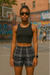 RF Wear Women's Tartan Plaid Shorts  Navy/White - Model Front View