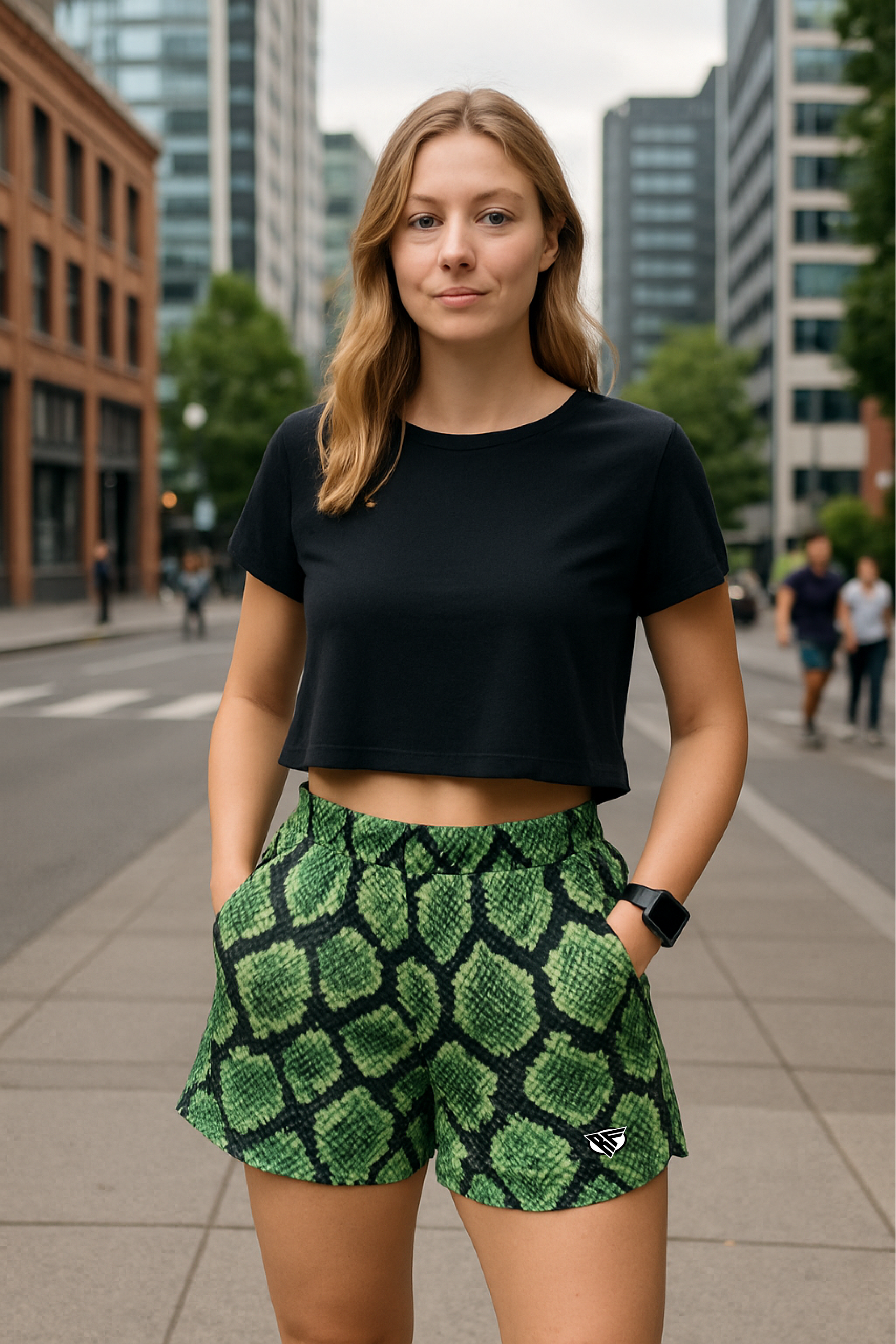 RF Wear Women's Snakeskin  Pocket Shorts - Green - Model Front View