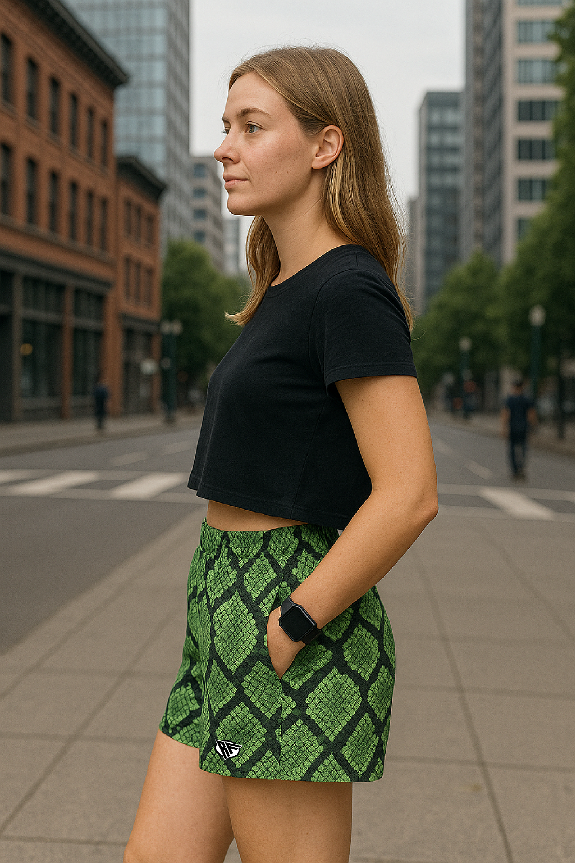RF Wear Women's Snakeskin  Pocket Shorts - Green - Model Side View