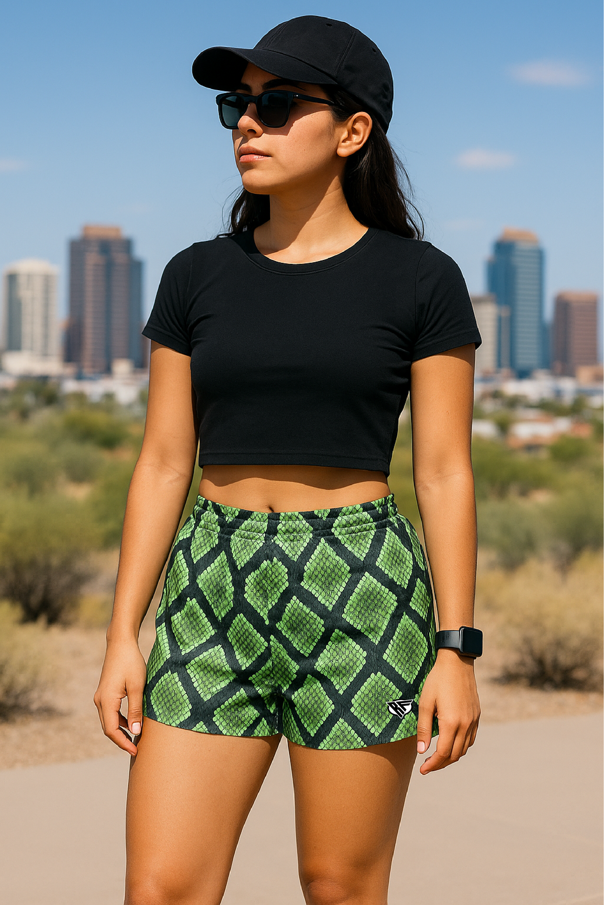 RF Wear Women's Snakeskin Shorts - Green - Model Front View