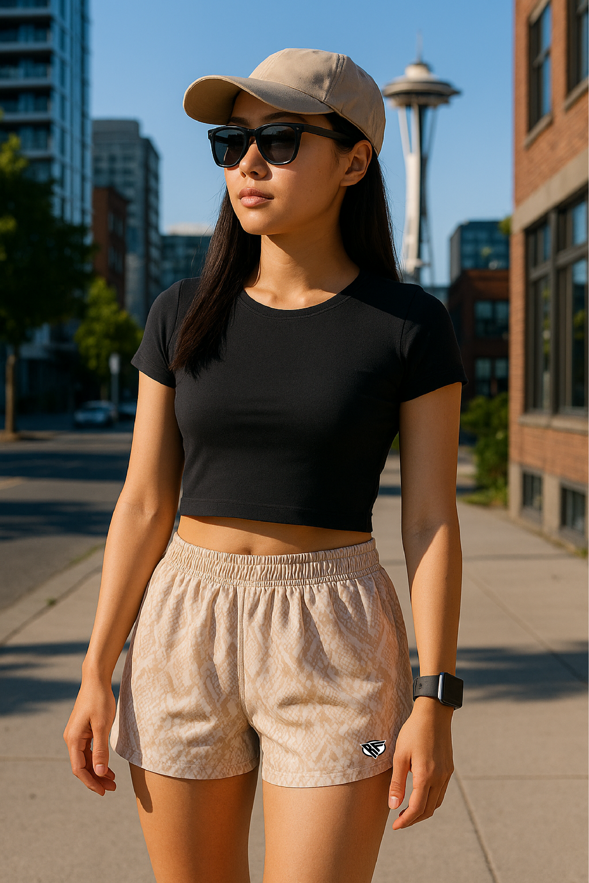 RF Wear Women&#39;s Snakeskin Shorts - Tan  - Model Front View