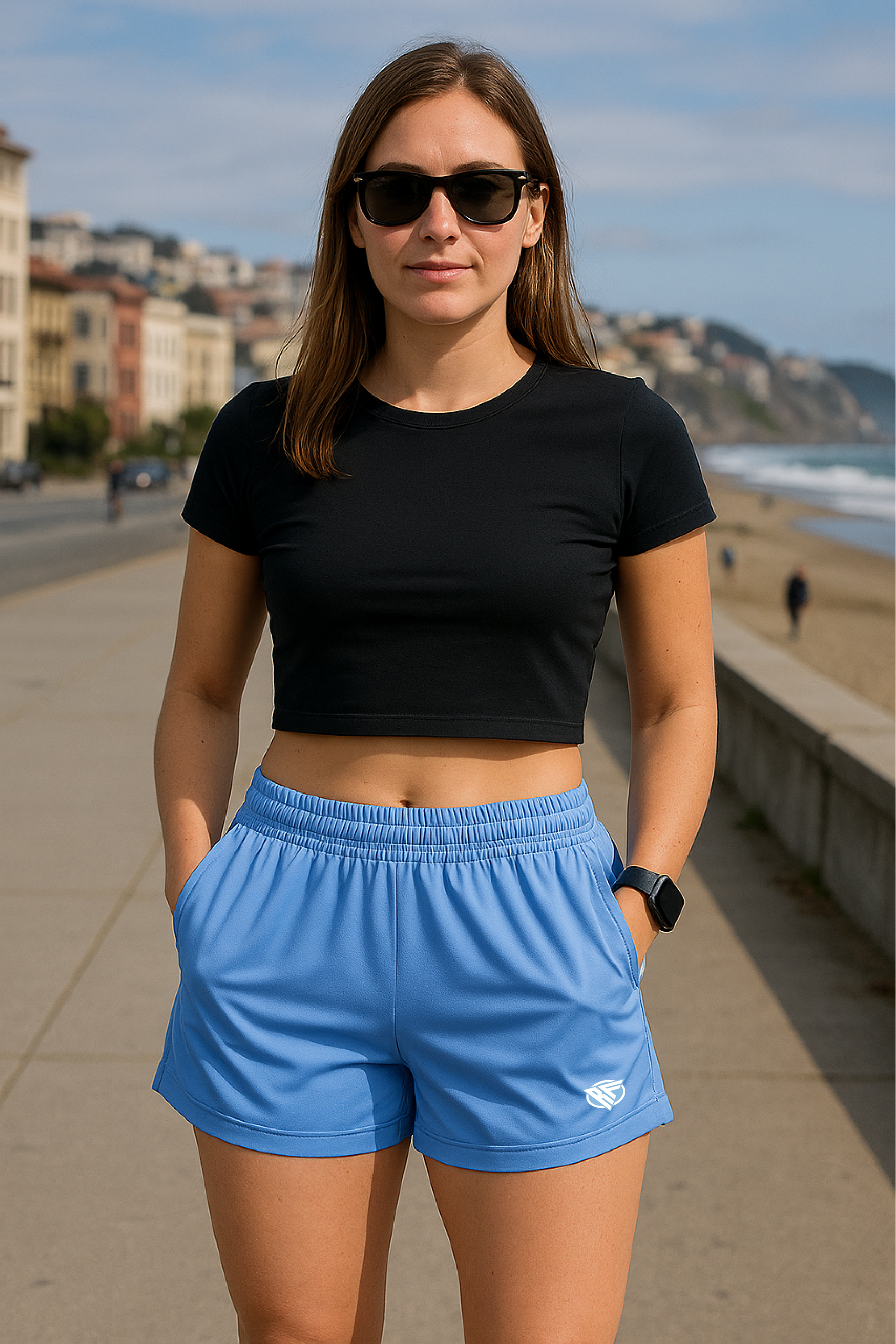 RF Wear Women&#39;s Solid Color Pocket Shorts - Sky-Blue - Model Front View