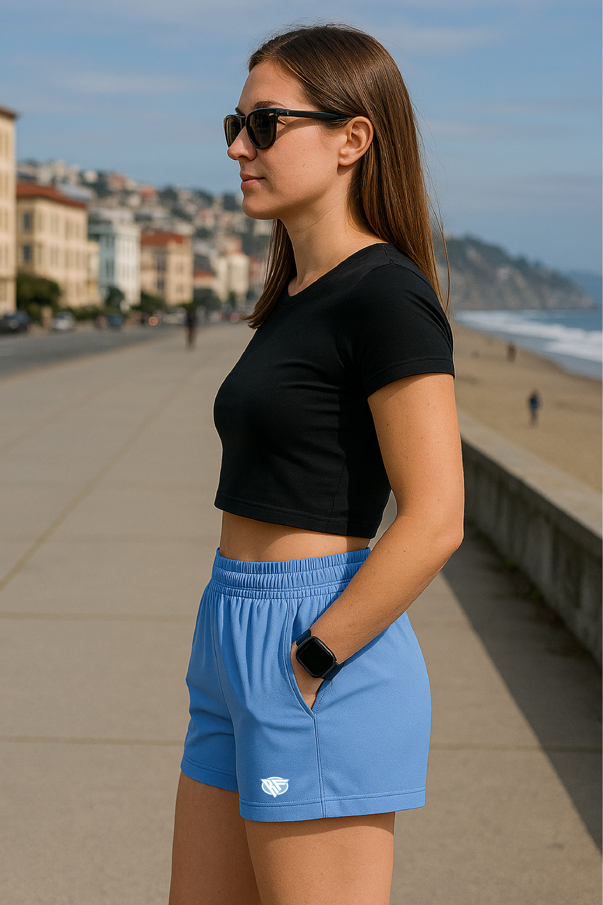 RF Wear Women&#39;s Solid Color Pocket Shorts - Sky-Blue - Model Side View