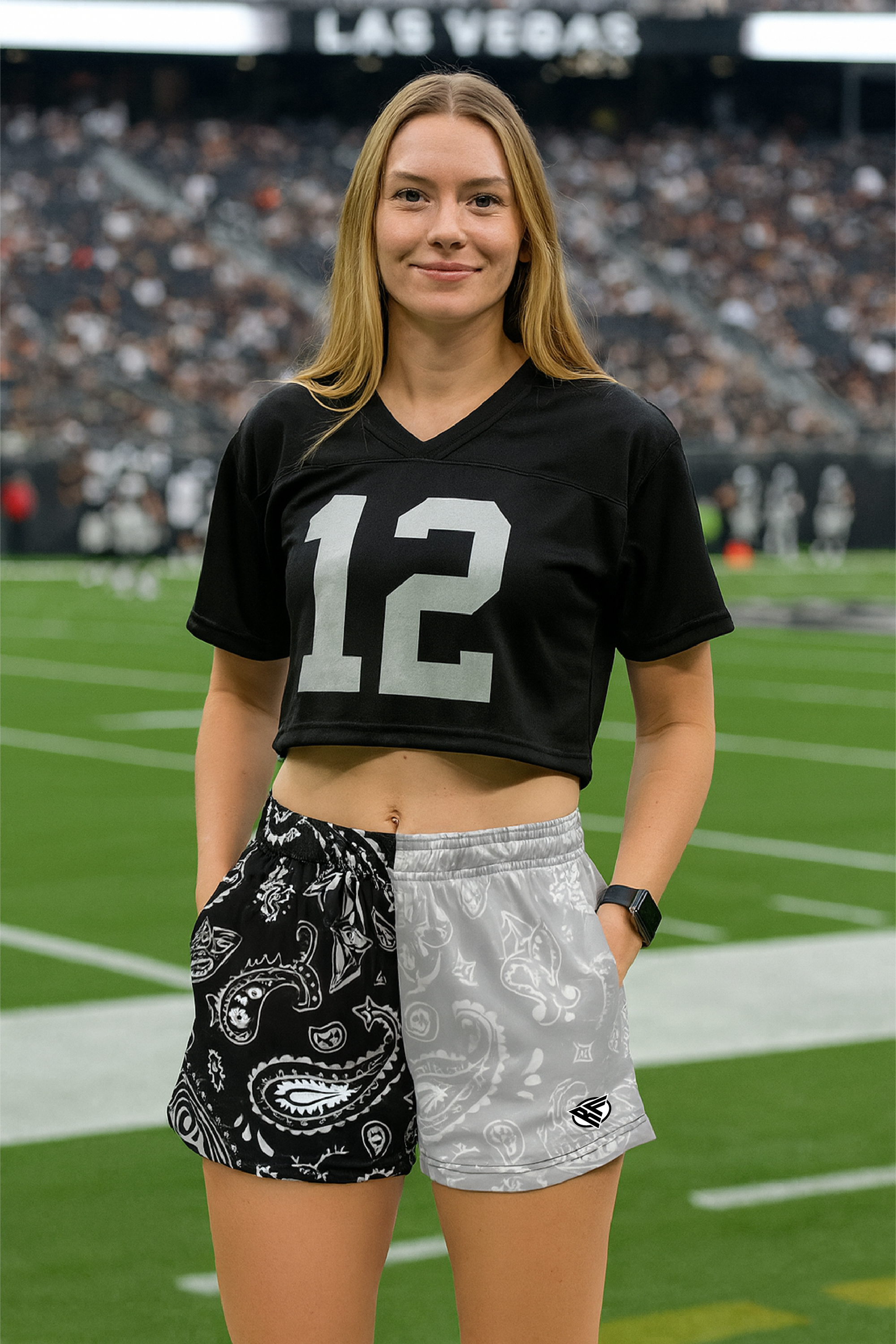 RF Wear Women's Split Paisley Pocket Shorts Black/Silver/White - Model Front View