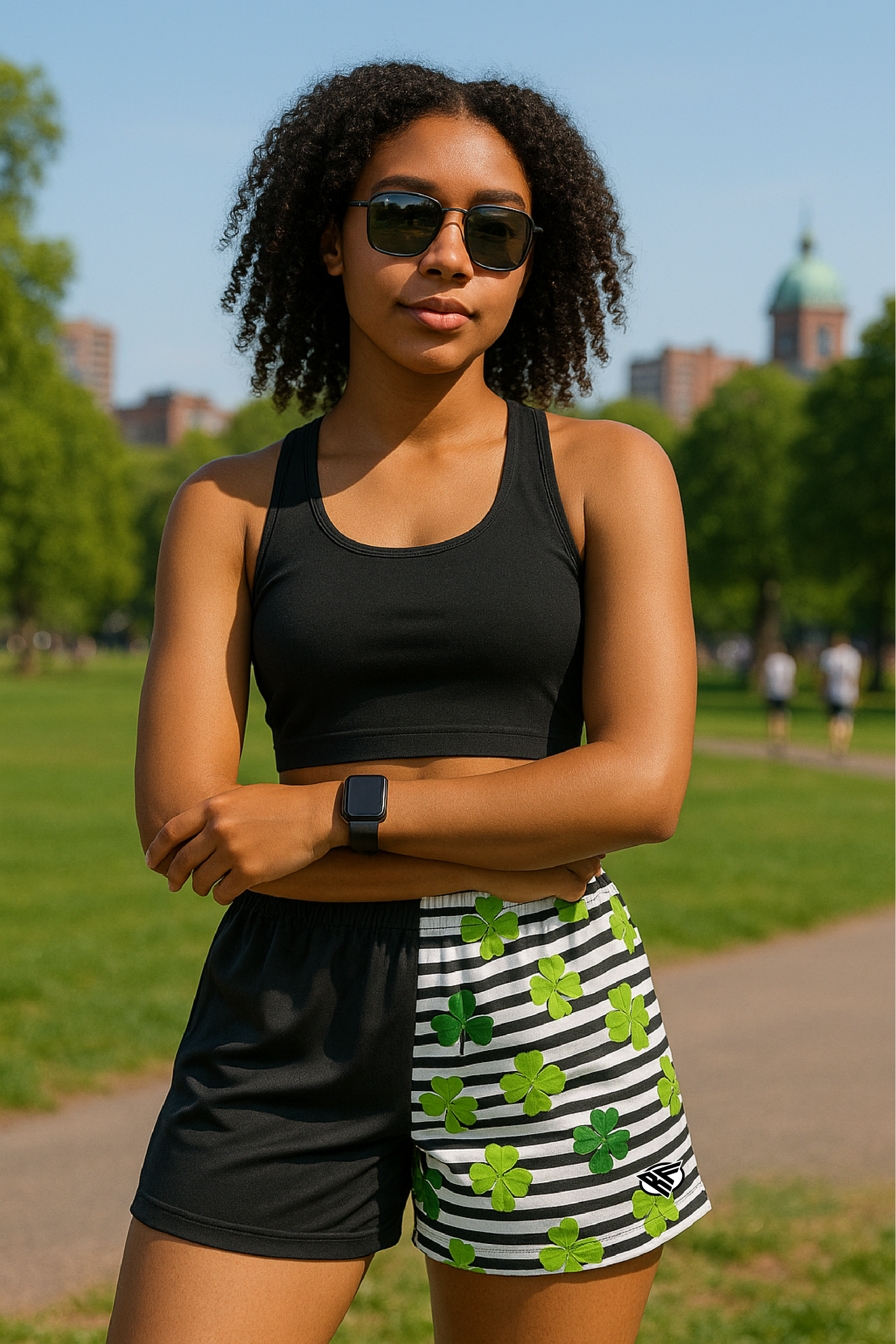RF Wear Women's Split Shamrock Shorts - Black/Green - Model Front View