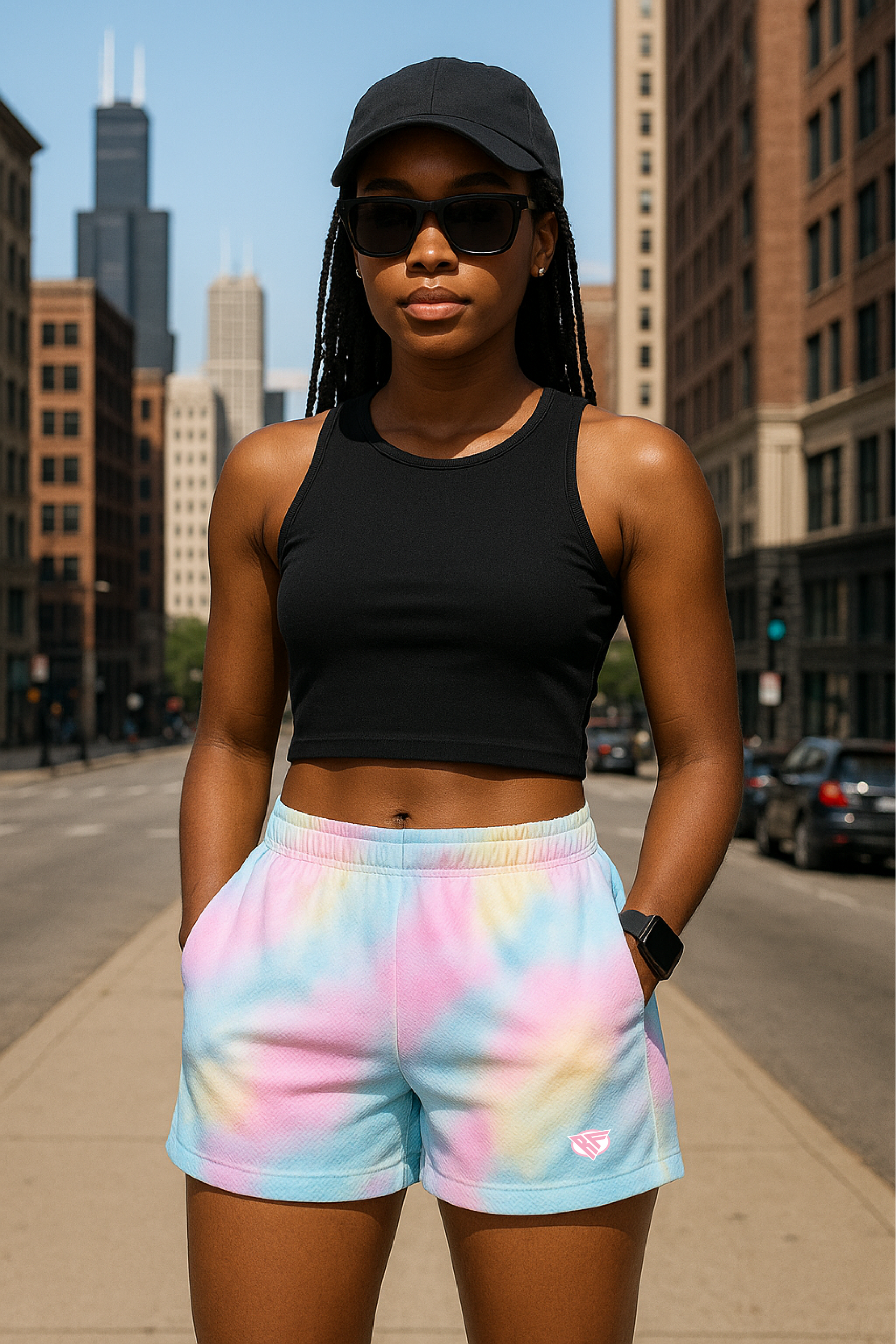 RF Wear Women's Tie Dye Shorts  - Model  Front View