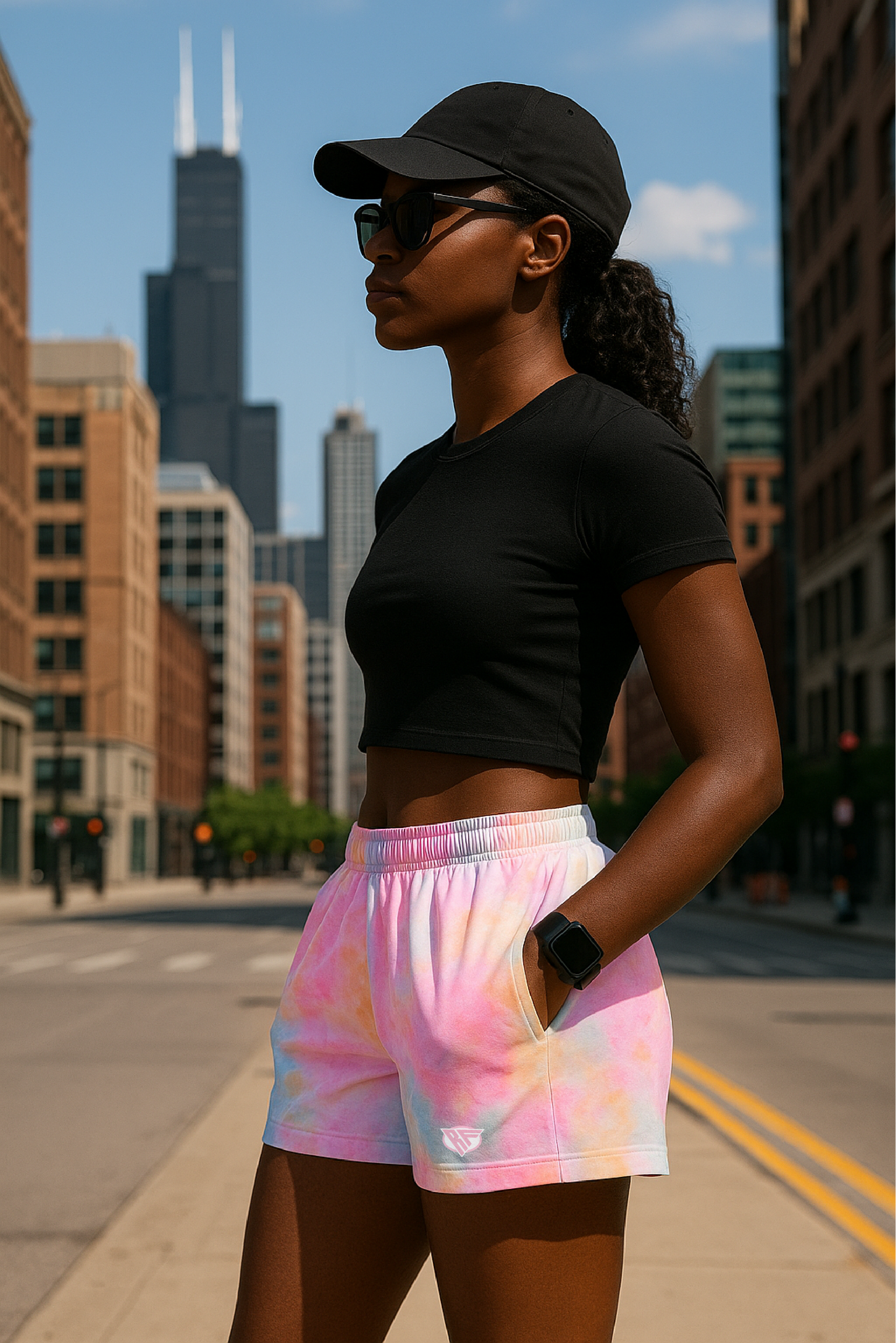 RF Wear Women's Tie Dye Shorts - Model Side View