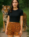 RF Wear Women's Animal Print Shorts - Tiger - Orange/Black - Model Front View