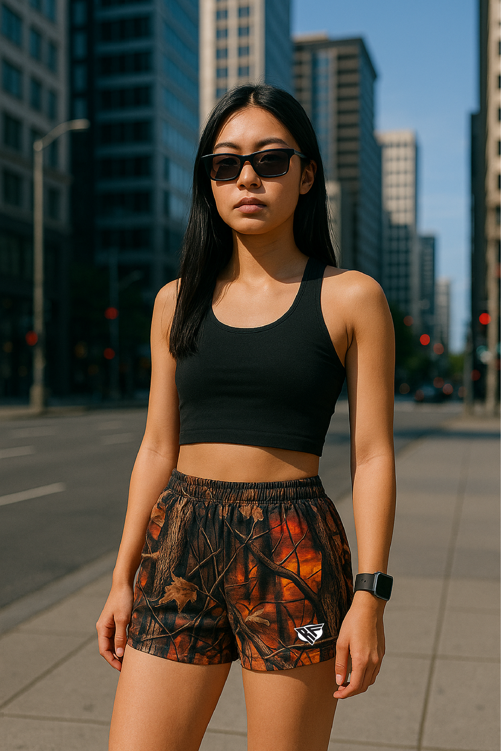 RF Women&#39;s Tree Camo Shorts - Sunset - Front
