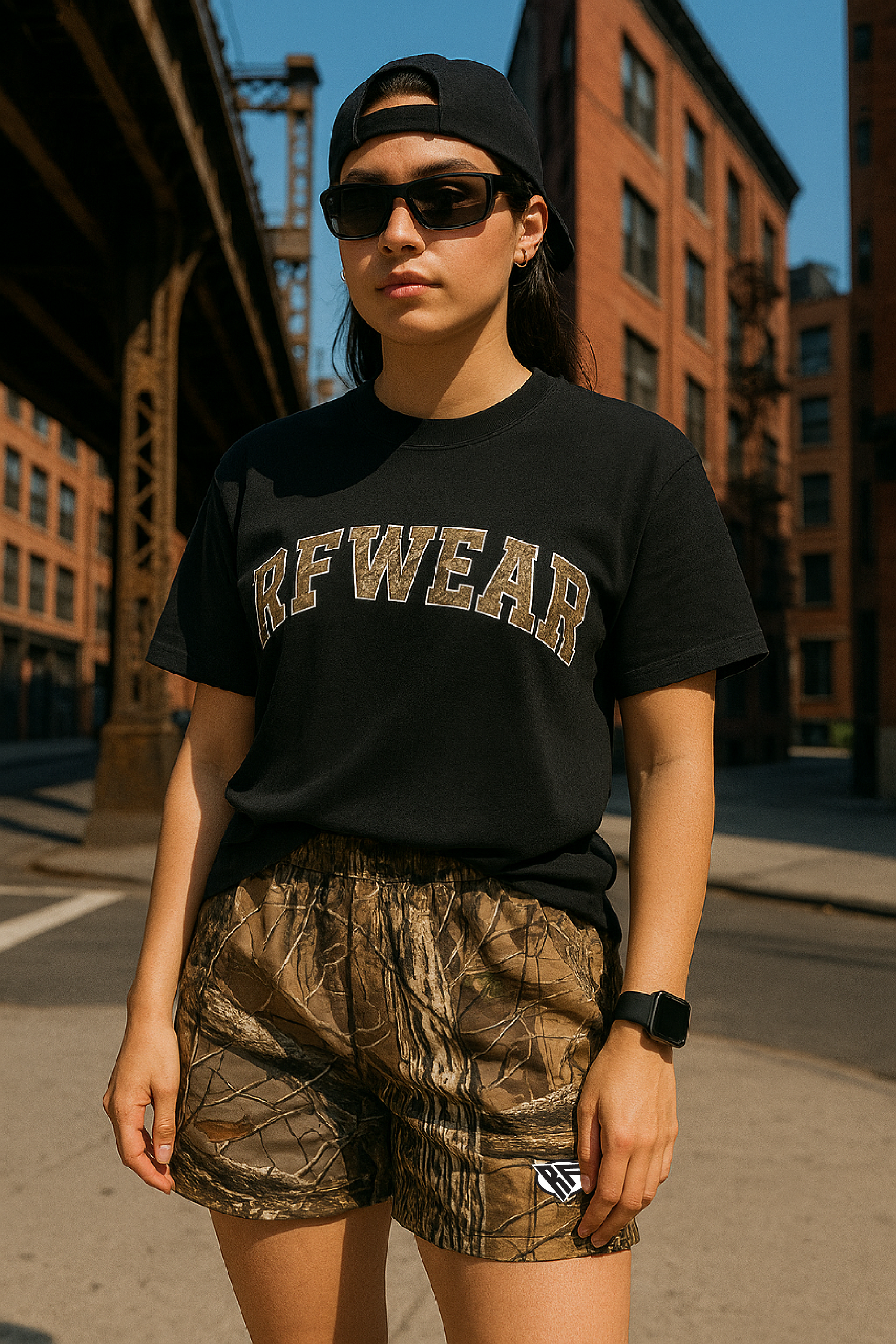 RF Wear Women&#39;s Tree Camo Shorts - Tan - Front